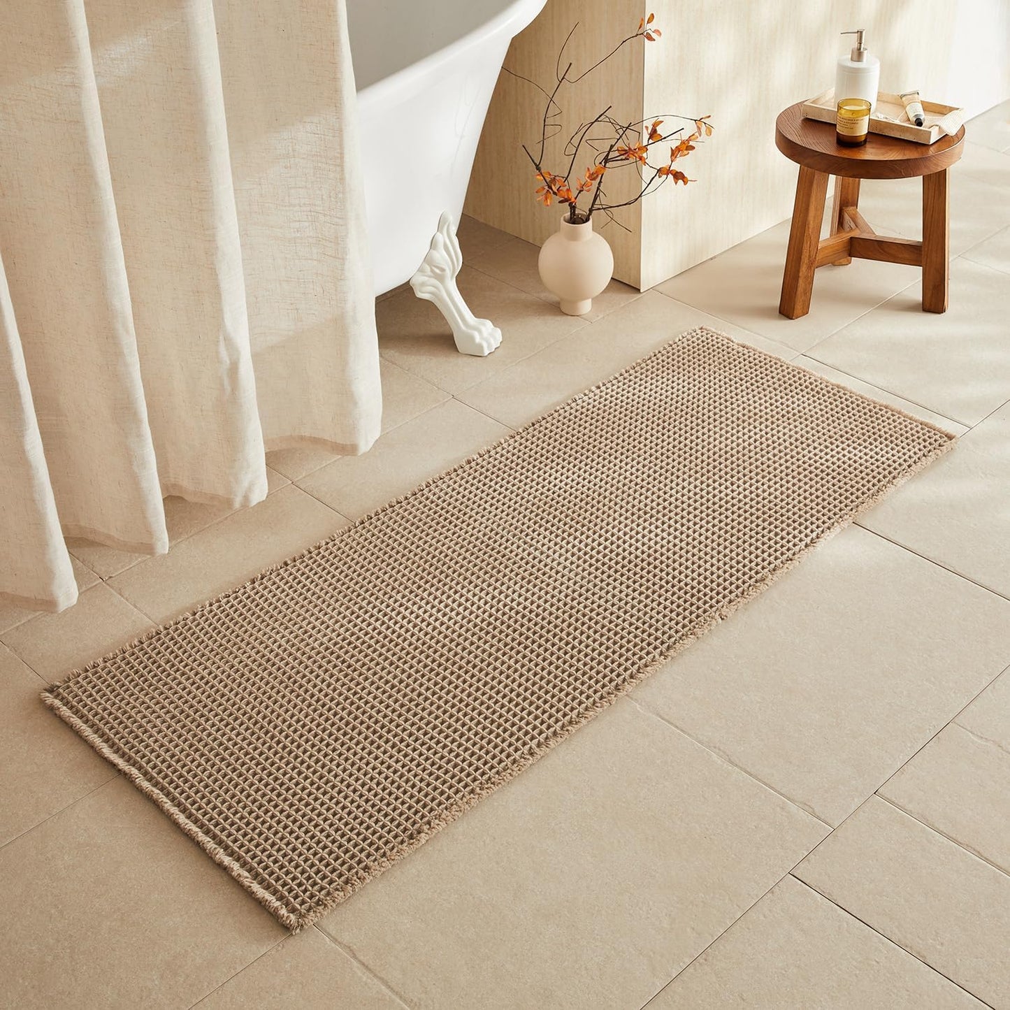 Waffle Runner Rug Bathroom, Long Boho Bathroom Rugs Non Slip Washable Super Absorbent Quick Dry Farmhouse Bath Decor, 60"x24" Beige