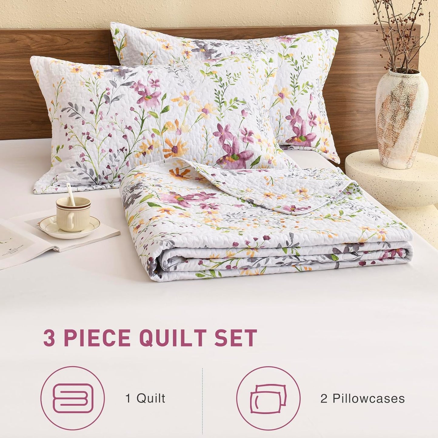 Lady Ann 100% Cotton Quilt Sets Queen, Yellow Flower Botanical Pattern Printed Quilted 102x118 Bedspread Set,Vintage Coverlet Ultra Soft Bedspread Set with Pillow Shams Al Season,3 PCS