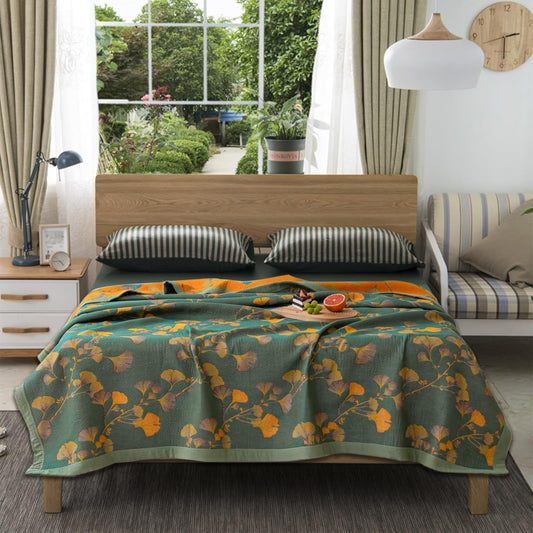 Ginkgo Leaf Cotton Quilt Dark Green Orange Reversible King Size Bedspread Coverlet for All Seasons Lightweight Muslin Quilt Throw Blanket for Bed, Couch