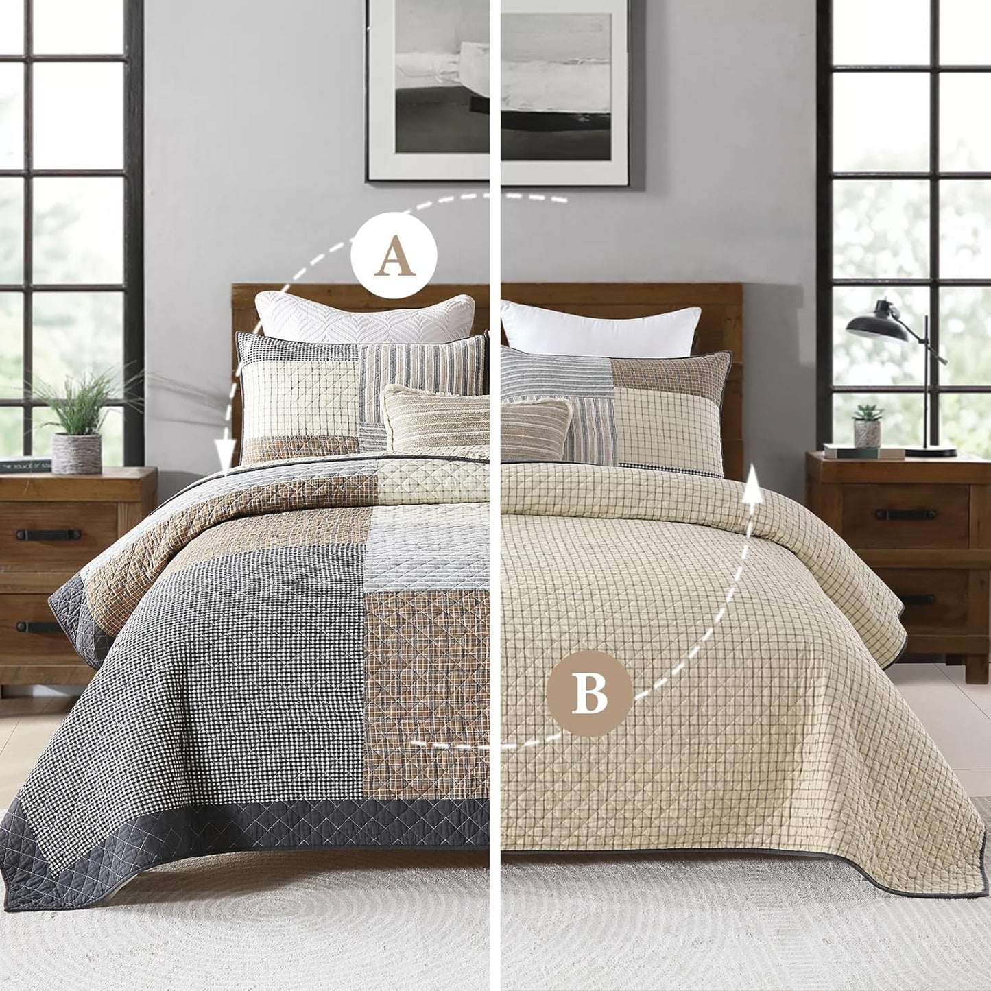 Uniclinens Quilt Set King Size, 100% Cotton Quilted Quilt Bedding Set Bedspread, Real Patchwork Plaid Quilt, Lightweight Quilted Comforter Set, 3 Pieces Set with 2 Pillowshams, Brown/Beige/Gray