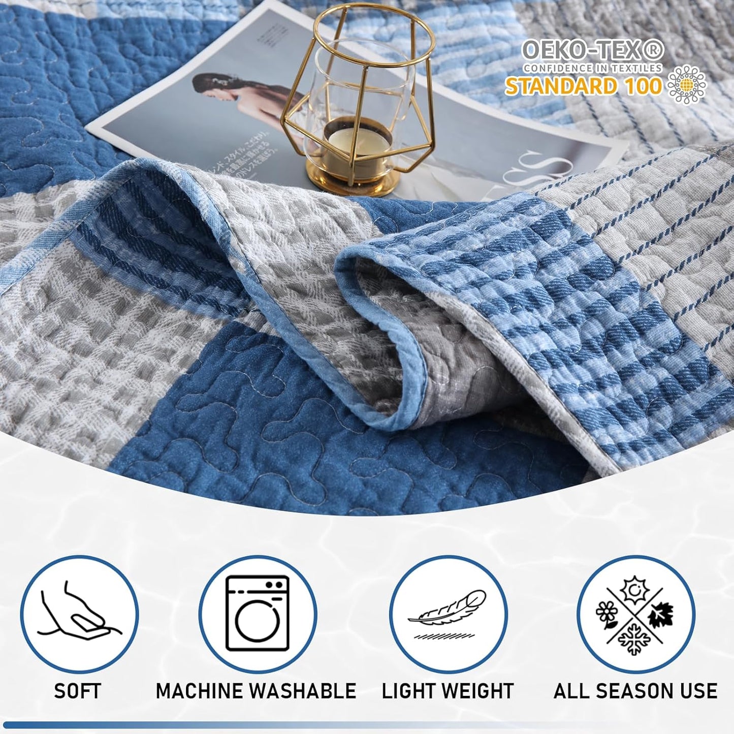 KALOOLA Plaid Quilts Queen Size, 100% Cotton Soft Bedding Set with 2 Pillow Shams, Farmhouse Lightweight Blue Grey Queen Bedspread Coverlet Set for All Season, 3 Pieces