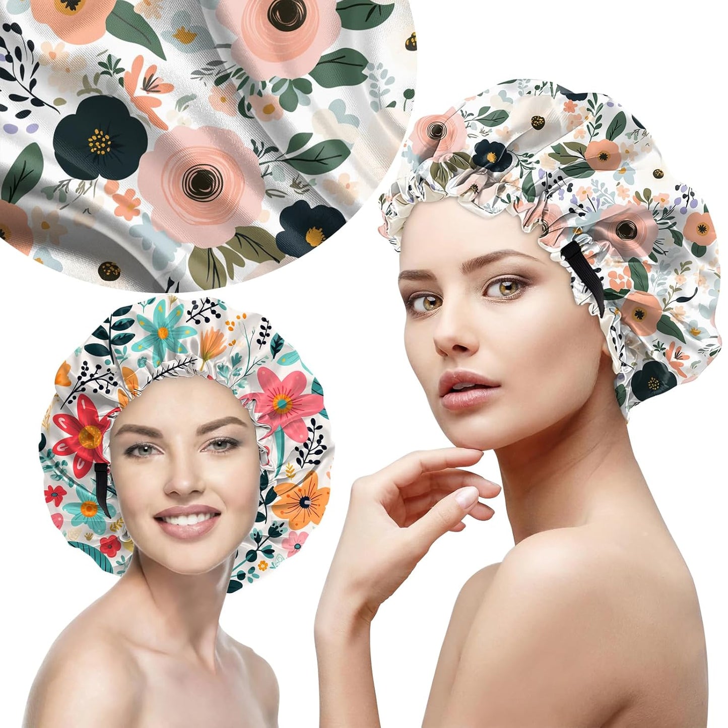 2 PCS Bonnets for Women Girls Satin Hair Bonnet Silk Adjustable Elastic Double Layer Hair Wrap Sleep Cap Comfort Cute-Flower