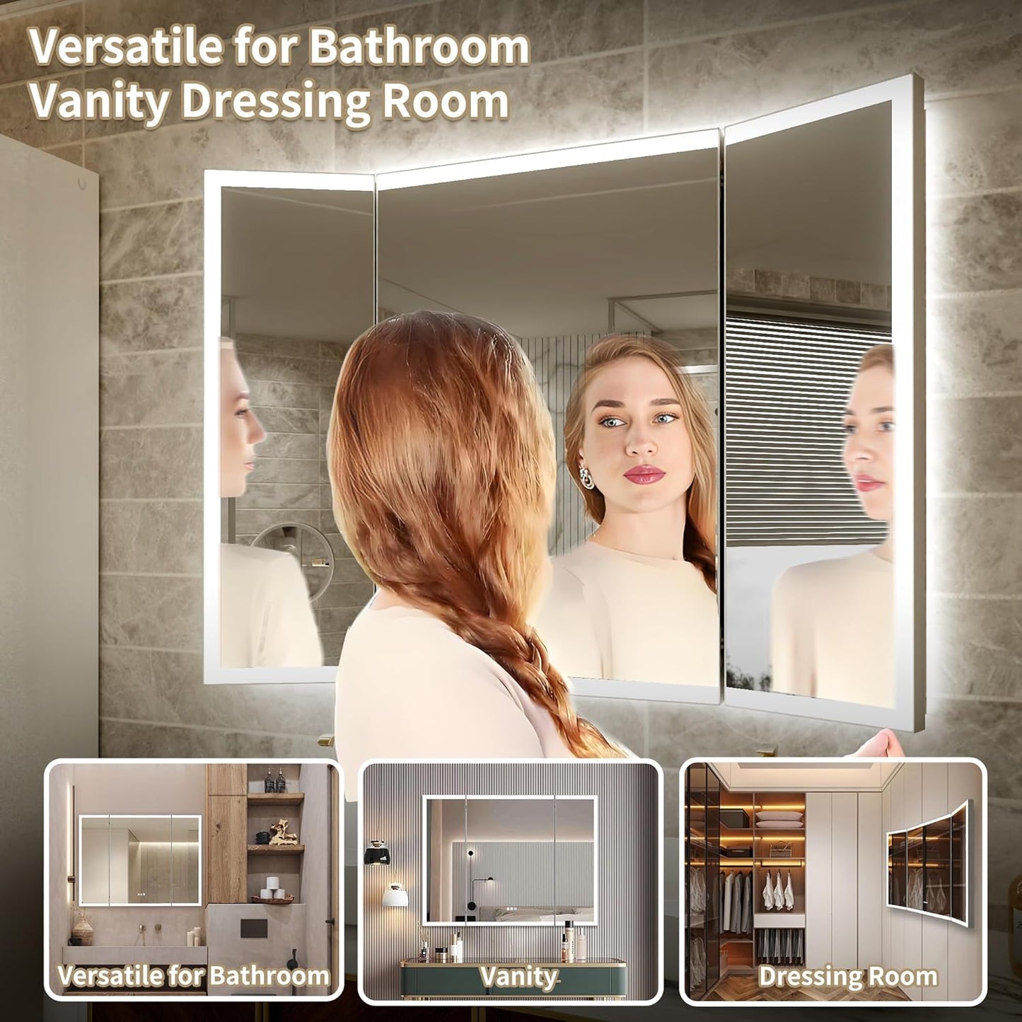 66x36 Trifold Bathroom Mirror with Lights with Removable Magnifier, 180° Foldable LED Mirror for Bathroom, Front&Backlit, Wall Mounted, Stepless Dimming, Color Temper Change, Anti Fog