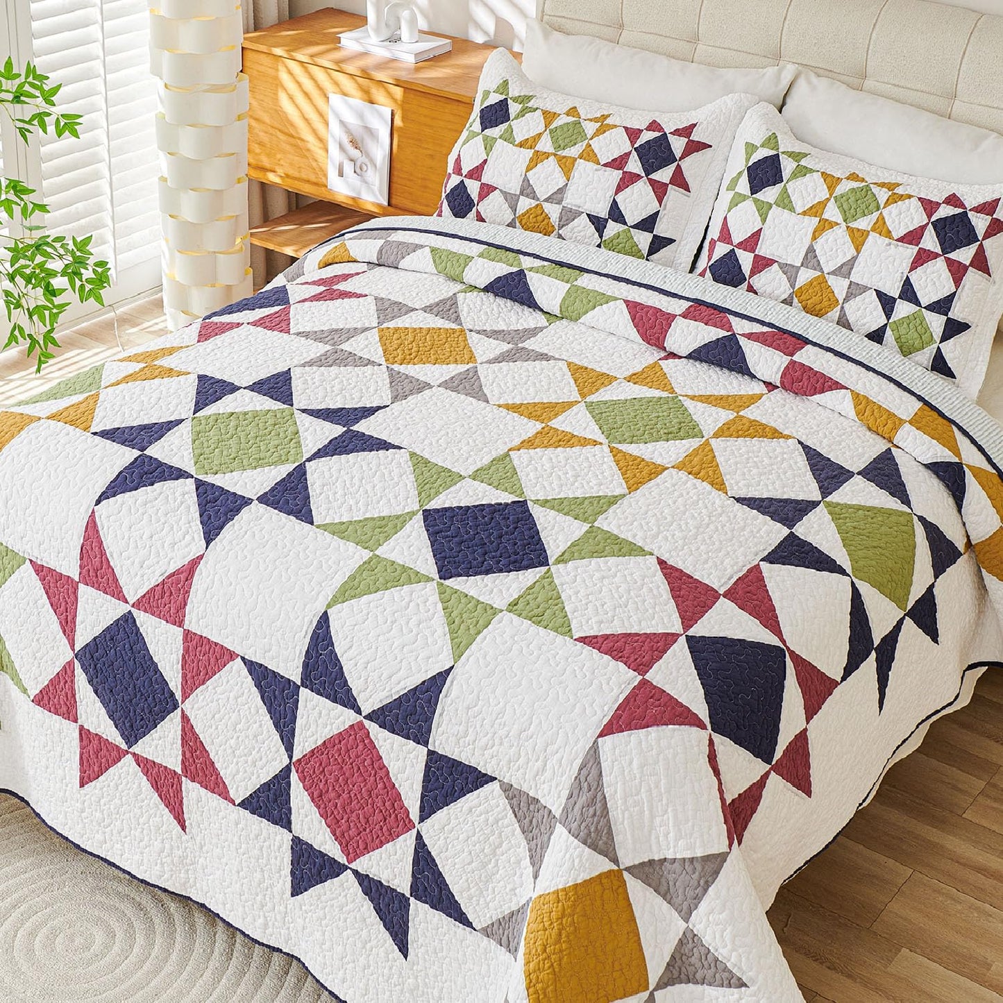 Cmfshape Quilt Sets Bedspread Set 100% Cotton Real Patchwork Bedding Set, All Season Use Lightweight Reversible Coverlet Quilts with 2 Pillow Shams(Queen 90"x90")