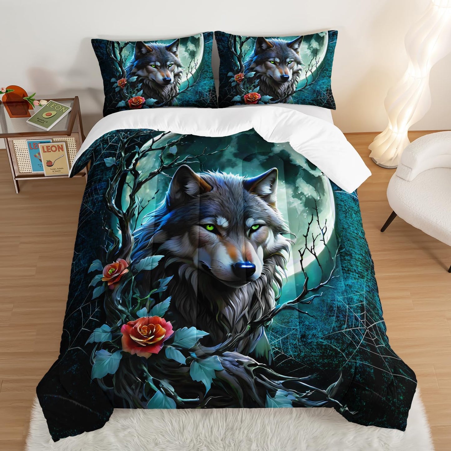 Wildlife Themed Bedding Wolf Comforter Set,Spooky Spider Web Vine Print Comforter Queen Kids Bed in a Bag,Moonlight Aesthetic Bedding Sets for Boys Teens Room Decor with 2 Pillowcases.