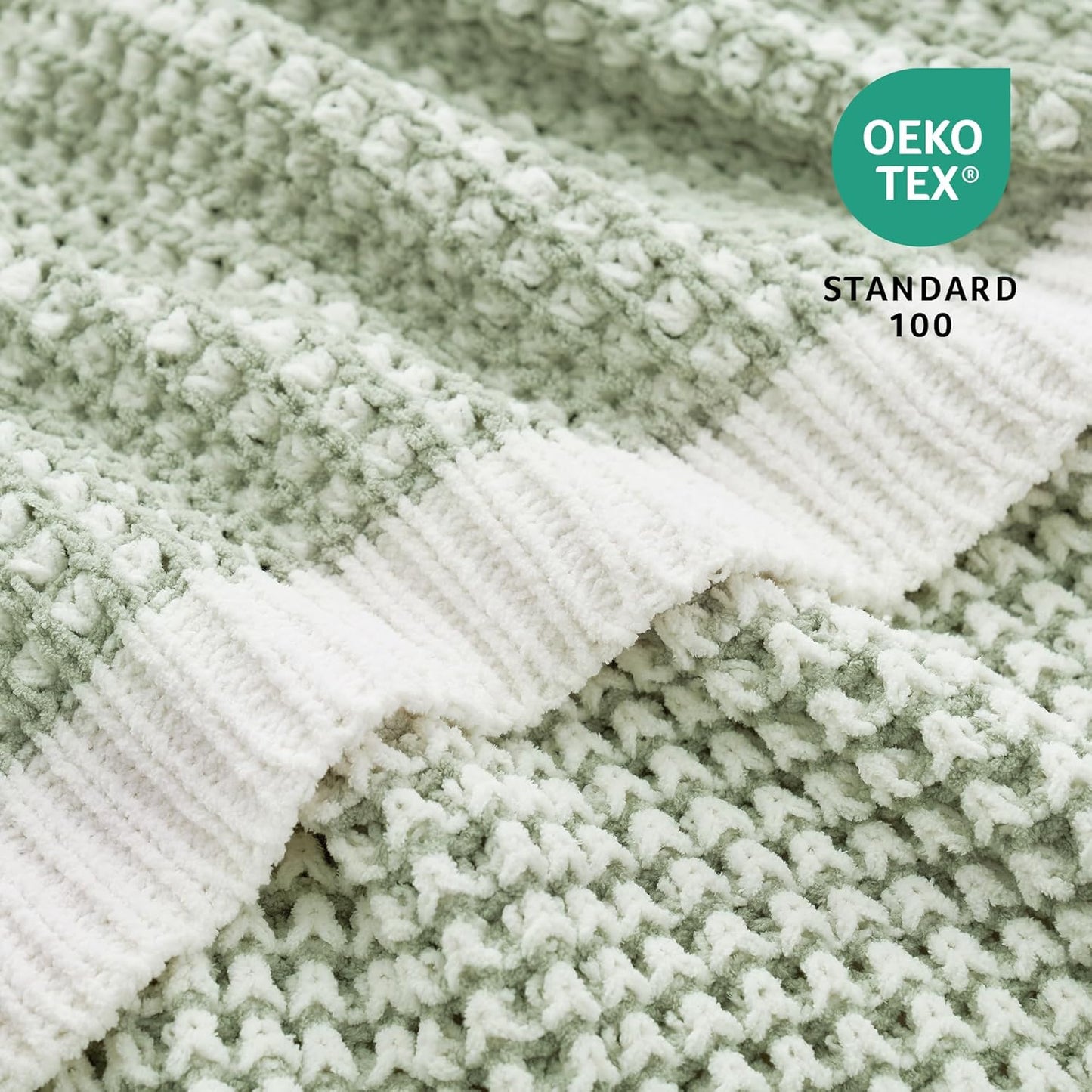 Amélie Home Waffle Chenille Throw Blanket for Couch, Pineapple Stitch Knit Soft Cozy Knit Blanket Decorative Throw for Sofa, Chair, 60 * 80", Sage Green&Ivory