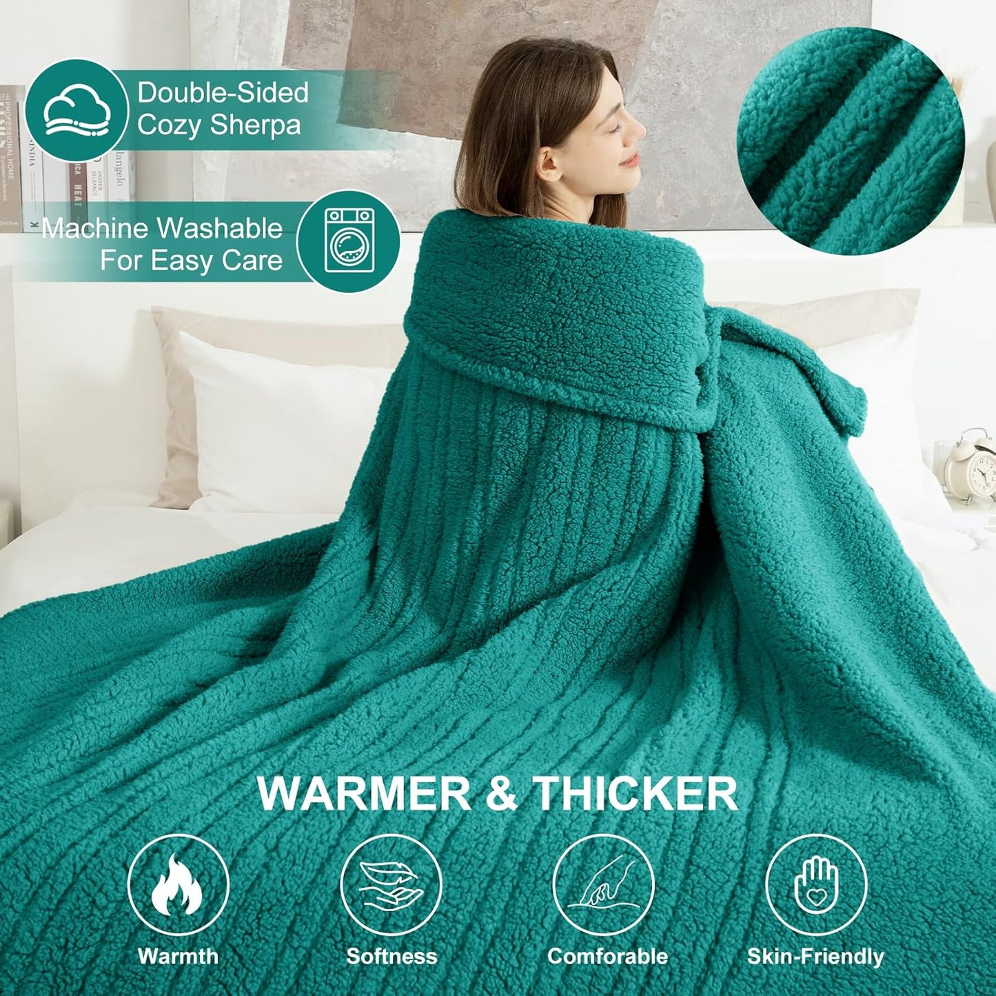 Heated Blanket Throw 50"X60" - Soft Double Sided Sherpa Electric Blanket Throw with 5 Heatings Levels & 4 hrs Auto Shut Off, Overheat Protection & ETL Certified for Women(Green)