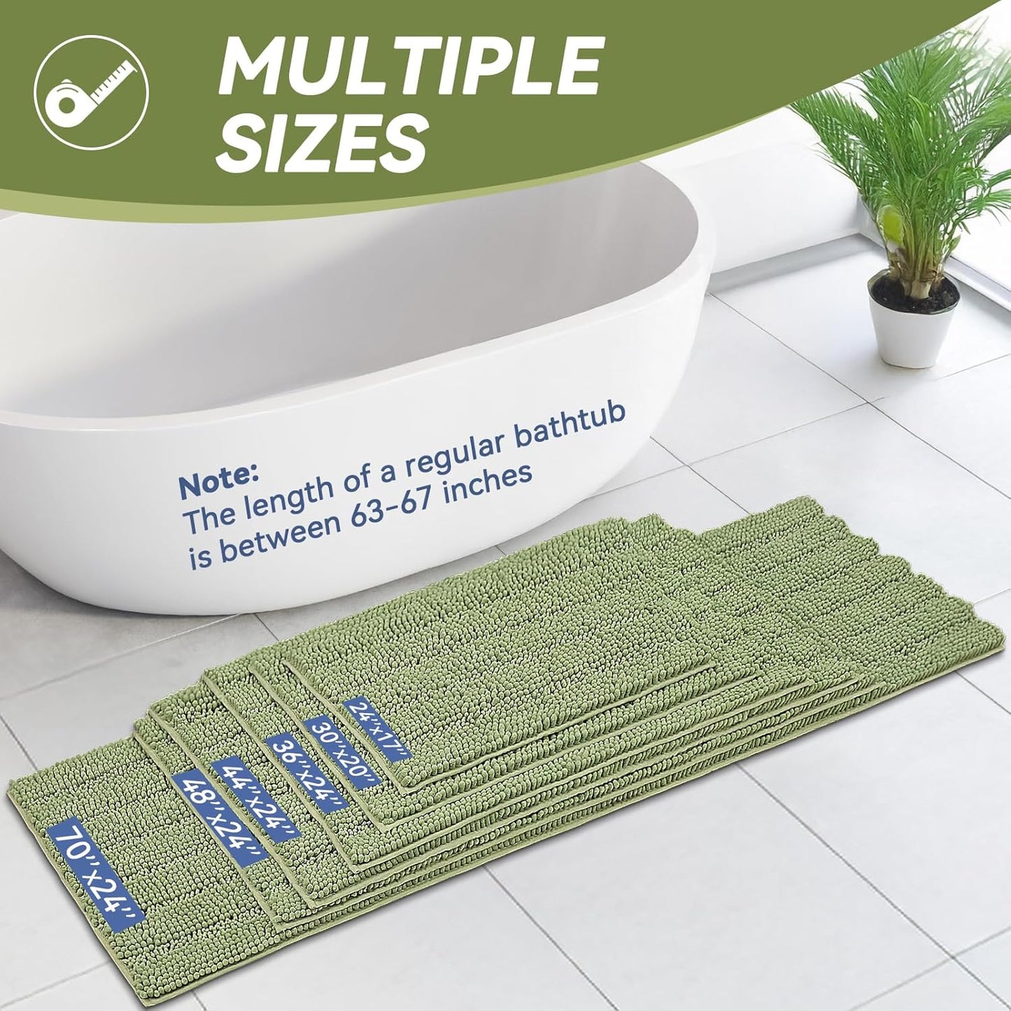 Bcoimo 48"×24" Chenille Bath Mat – Non-Slip with Backing Bath Rug Ultra-Absorbent and Machine Washable Bathroom Mat Quick-Dry Design. Ideal for Bathroom and Tub Areas
