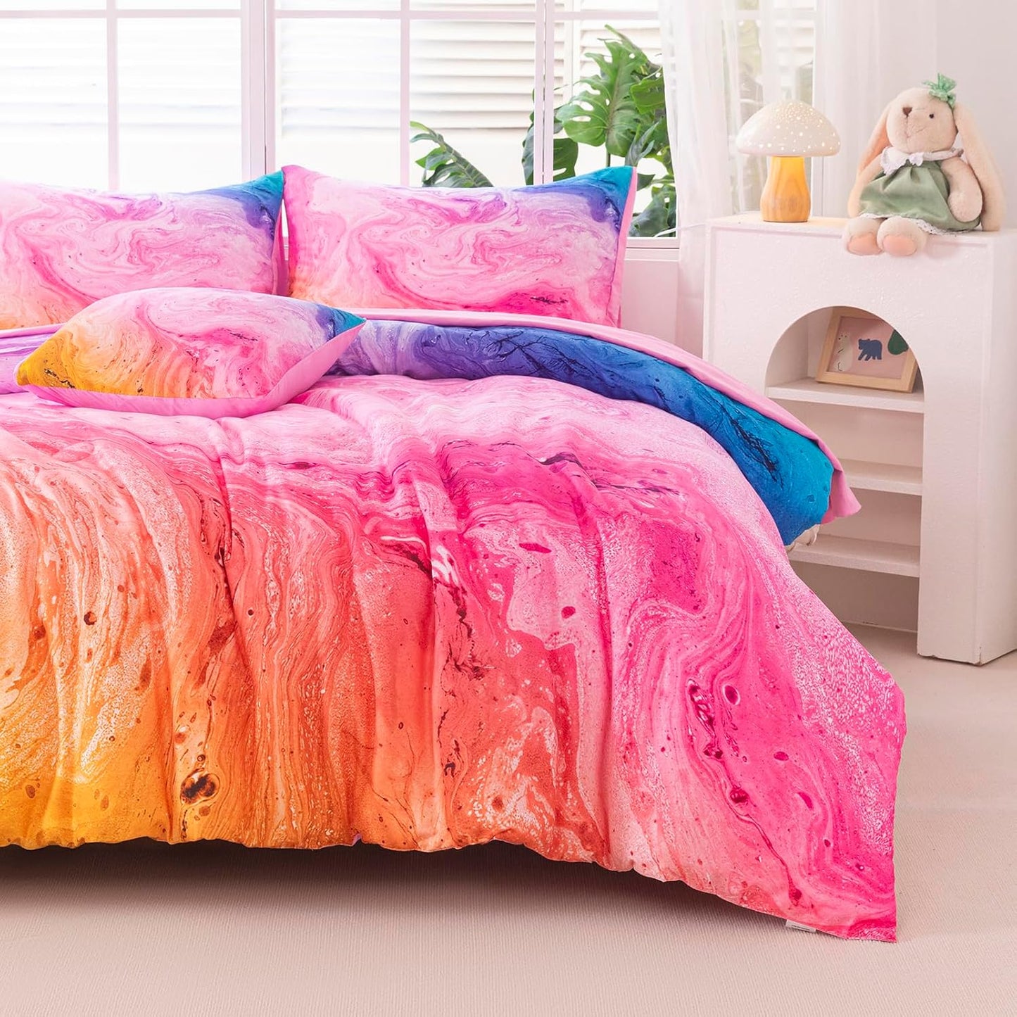 6Pcs Pink King Comforter Set for Girls Kids, Tie Dye Colorful Watercolor Marble Bedding Set King(1 Comforter, 1 Flat Sheet, 1 Fitted Sheet, 1 Cushion Cover, 2 Pillowcases)