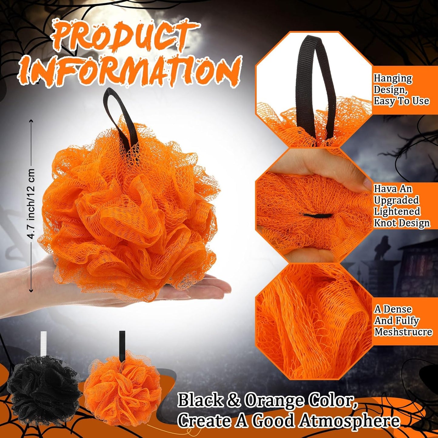 12 Pcs Thanksgiving Bath Loofah Sponge Orange Harvest Loofah Exfoliating Body Scrubber Shower Sponge 50g Mesh Shower Pouf Balls Gift Set for Women Men Bathing Accessories(Black,Orange)