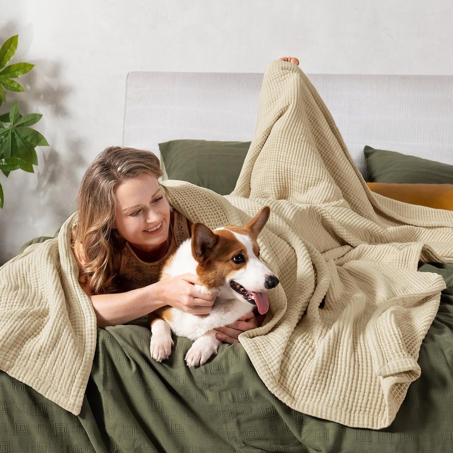 PHF 100% Cotton Waffle & Muslin Blanket Queen Size, Soft Breathable Luxury 400GSM Versatile Reversible Bedding for Bed, Great for Layering in Cold Weather, Home Decor Gift, 90" x 90", French Oak