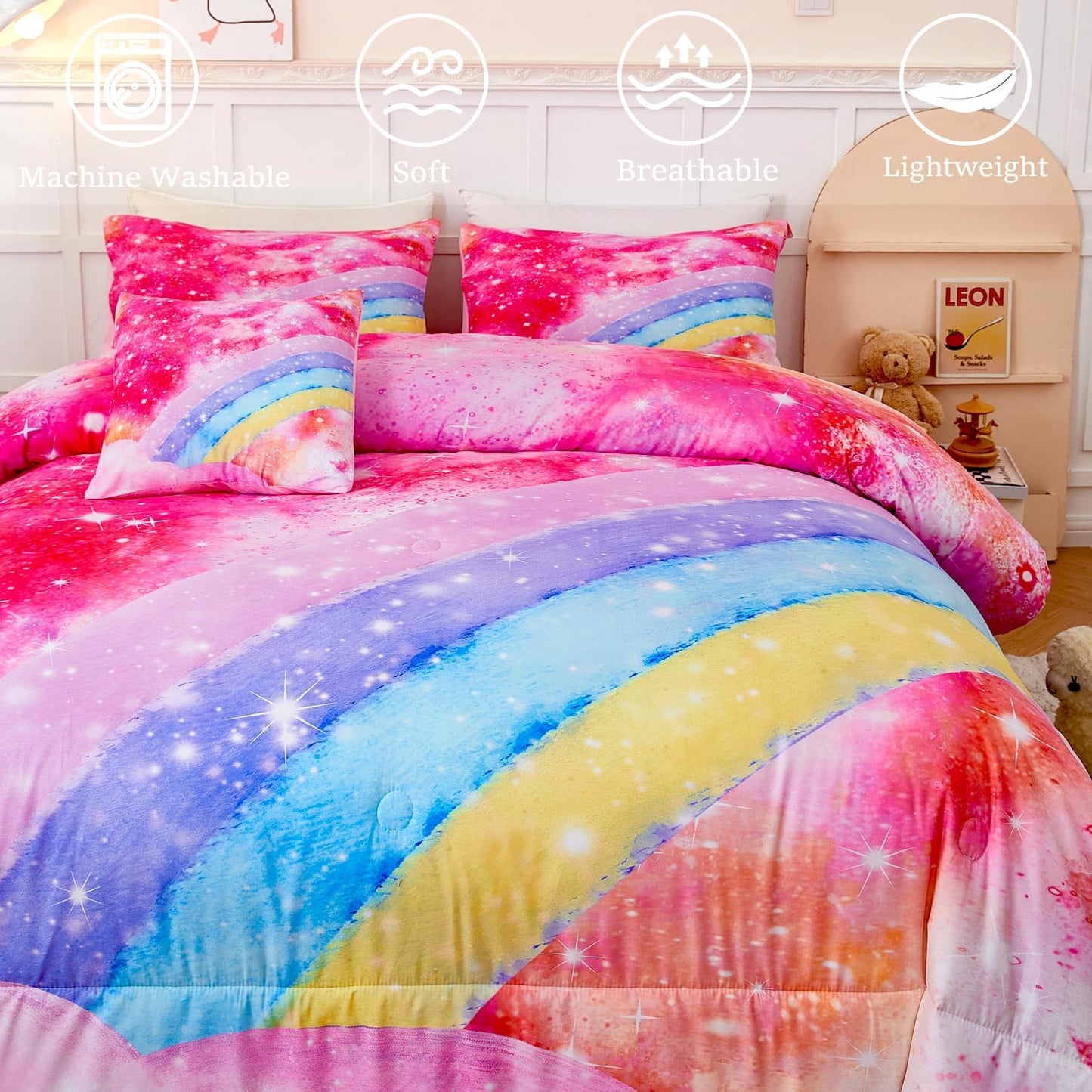 ANGIYUIN 6 Pieces Pink Tie Dye Full Size Bedding Sets for Girls/Teens/Kids, Colorful Rainbow Girls Comforter Set, Sparkle Galaxy Glitter Bedding Comforter Set for All Season