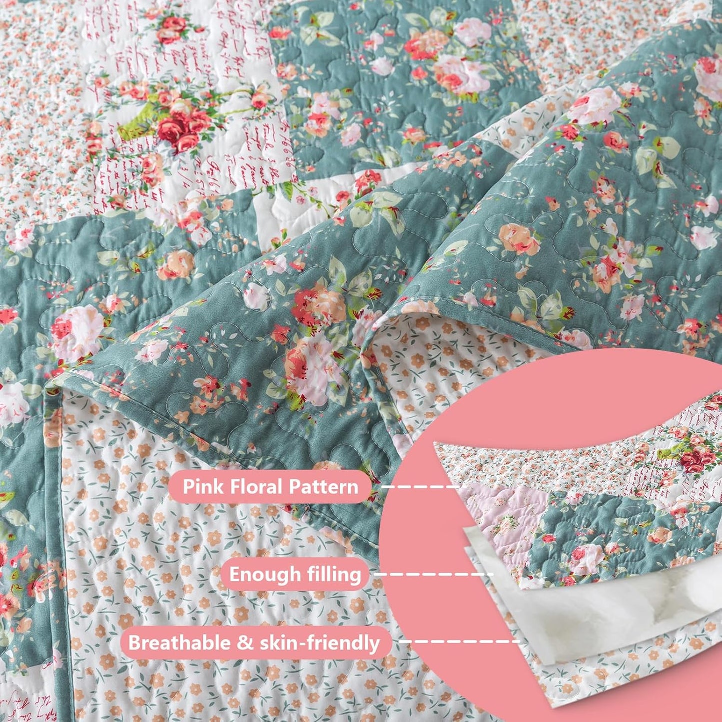BEDIFANY French Style King Size Quilt Set for Farmhouse - 3 Pieces Cotton Filling Garden Lightweight Bedspreads King with Floral Pattern - All Season Quilt Bedding Sets for Decorations