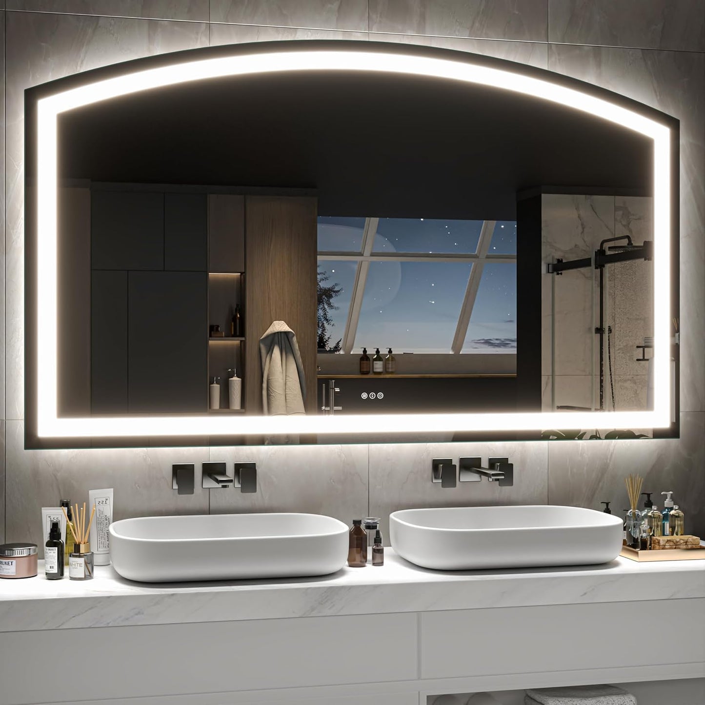 Hasipu 60x36 Inch LED Bathroom Mirror Arch Vanity Mirror with Lights Frontlit Smart Touch Sensor Dimmable 3 Colors Temperature Shatterproof Wall-Mounted Vanity Mirror Metal Frame