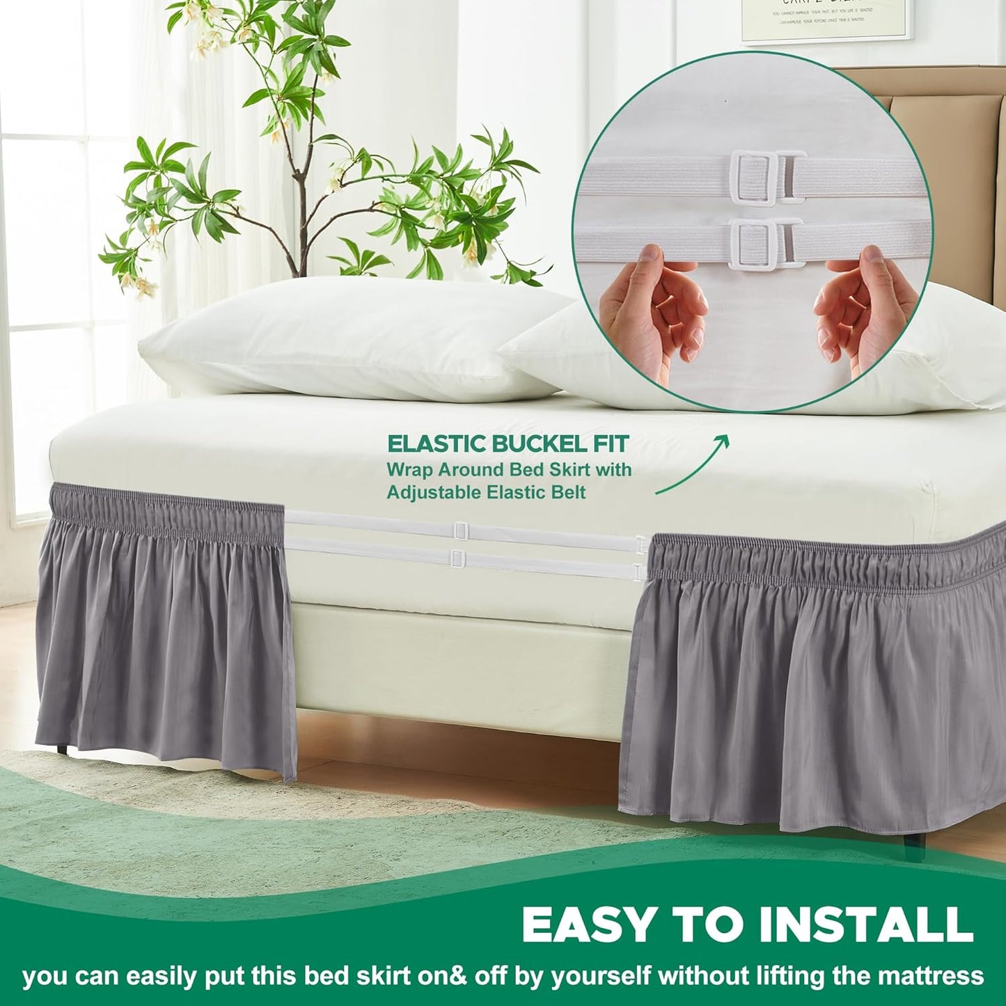 Biscaynebay Wrap Around Bed Skirts for Twin & Twin XL Beds 17" Drop, Silver Grey Adjustable Elastic Dust Ruffles Easy Fit Wrinkle & Fade Resistant Silky Luxurious Fabric Solid Machine Washable