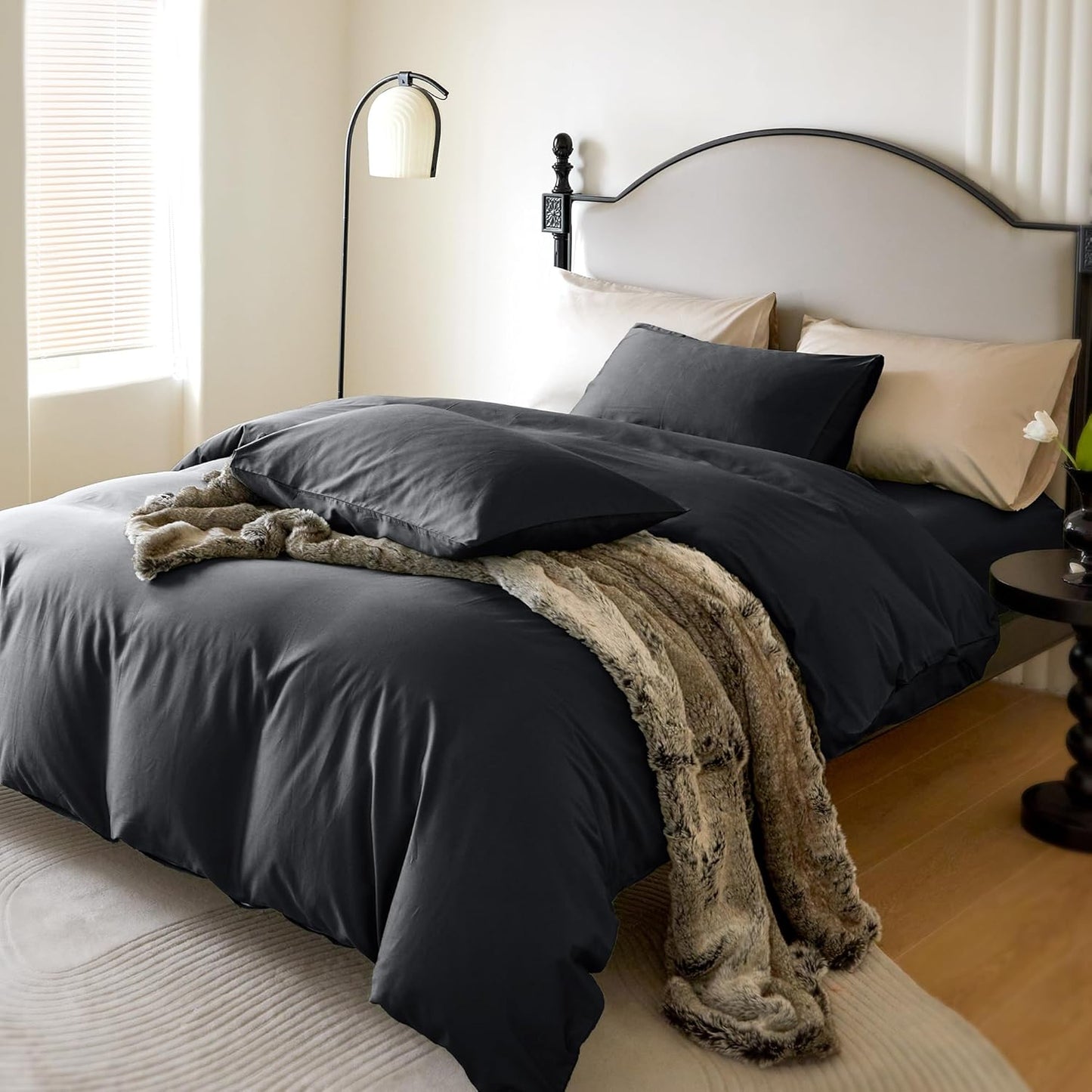 PURE ERA Duvet Cover Set 800 Thread Count Long Staple Cotton Sateen Soft Luxurious Smooth 3 Piece Set Black Full