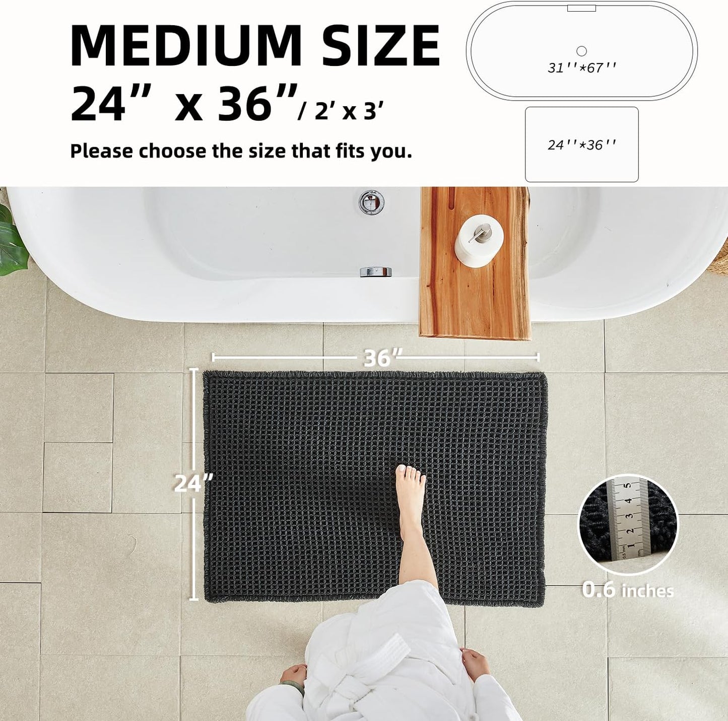 Black Bathroom Rug, Waffle Bath Mat Non Slip Washable Super Absorbent Quick Dry Boho Farmhouse Bathroom Decor, 36"x24"/ 3'x2' Black