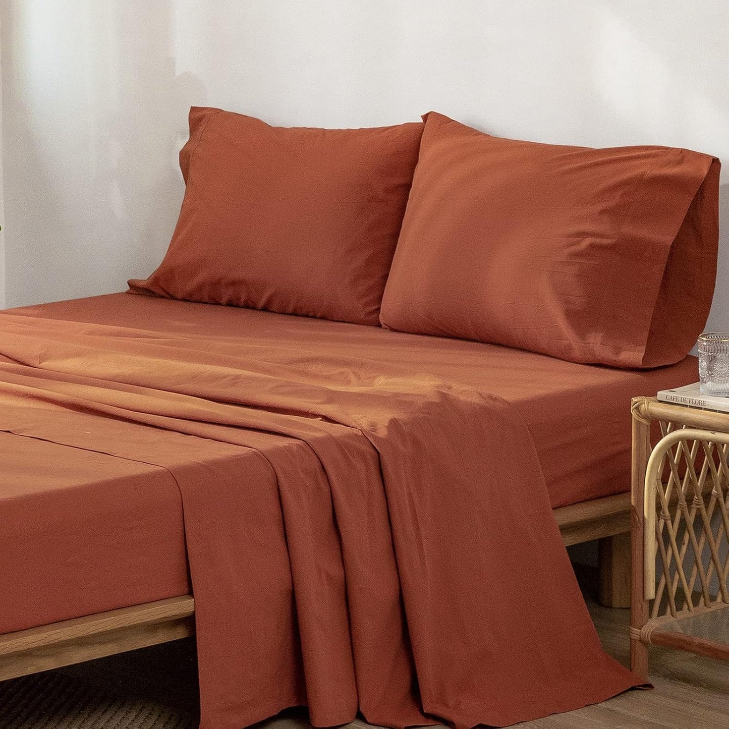 MooMee Bedding Sheet Set 100% Washed Cotton Linen Like Textured Breathable Durable Soft Comfy (Solid Rust Brown, Full)