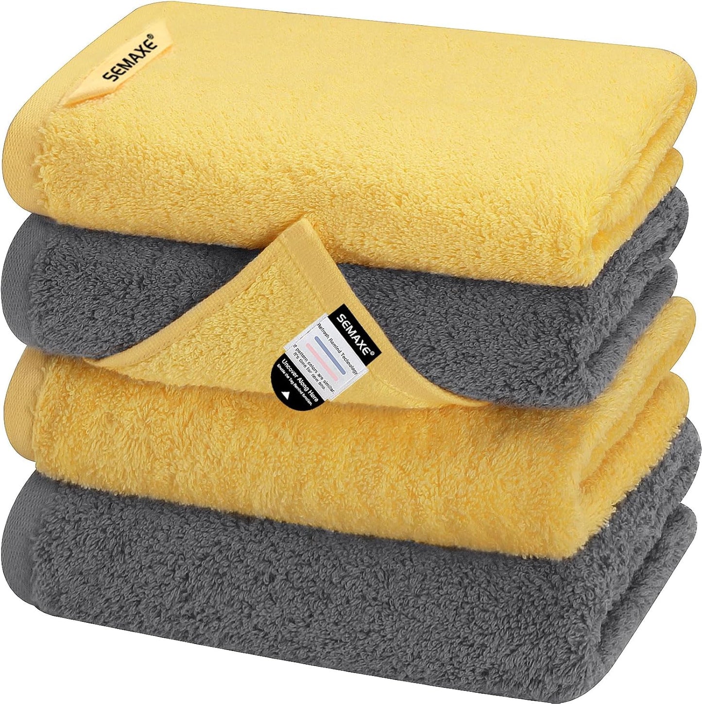 SEMAXE Hand Towels for Bathroom, 100% Cotton Towels with Hanging Loops, Soft and Absorbent, 4 Pack Hand Towel Set for Gym, Shower, Hotel, Spa and Kitchen, Yellow+Grey