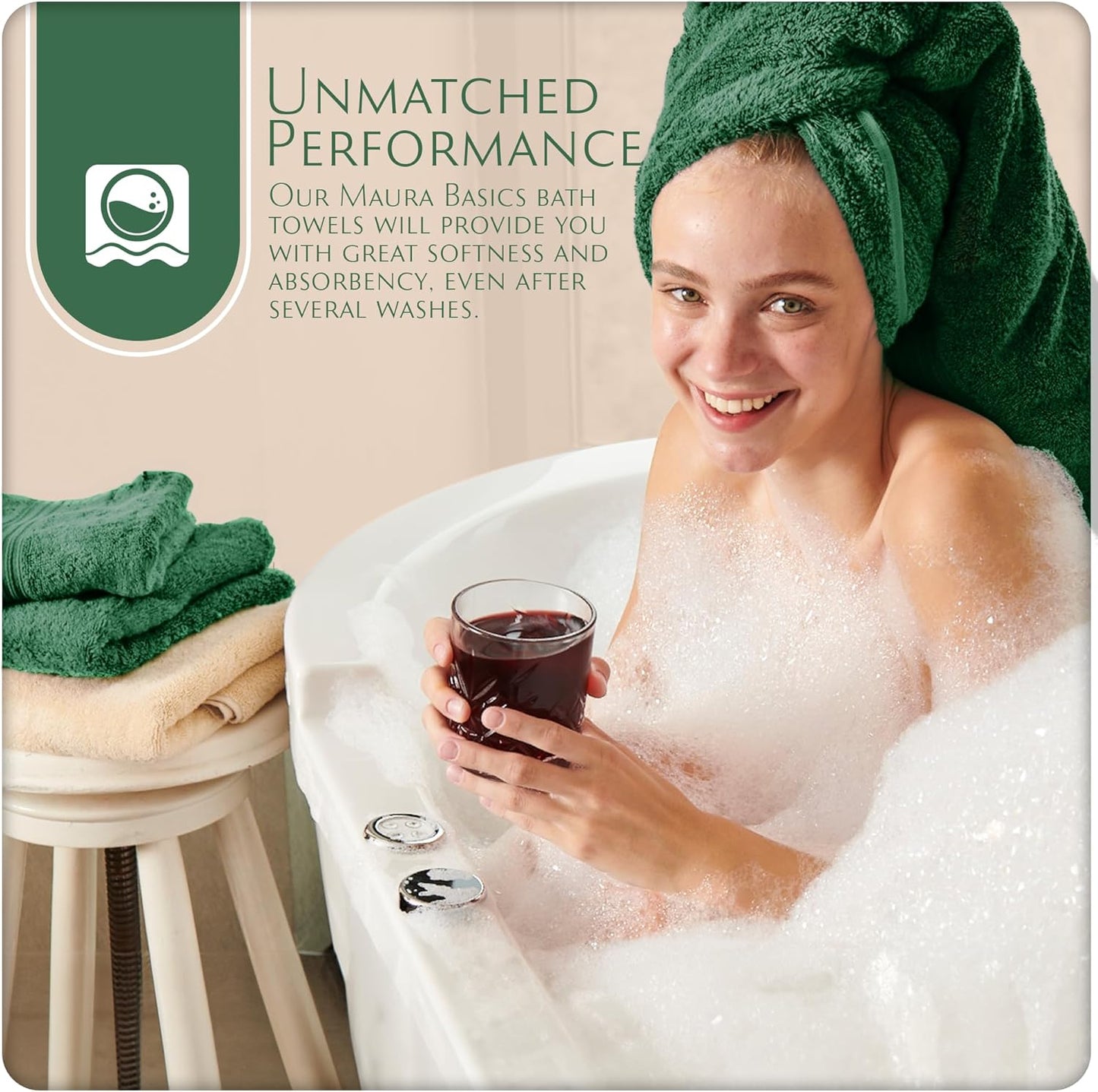 MAURA Basics Performance Bath Towels 100% Turkish Cotton with Hook Loops. Extra Large Luxury Absorbent Plush Towel Sets for Bathroom, Daily Use American Standard Size 27”x54”, Hunter Green