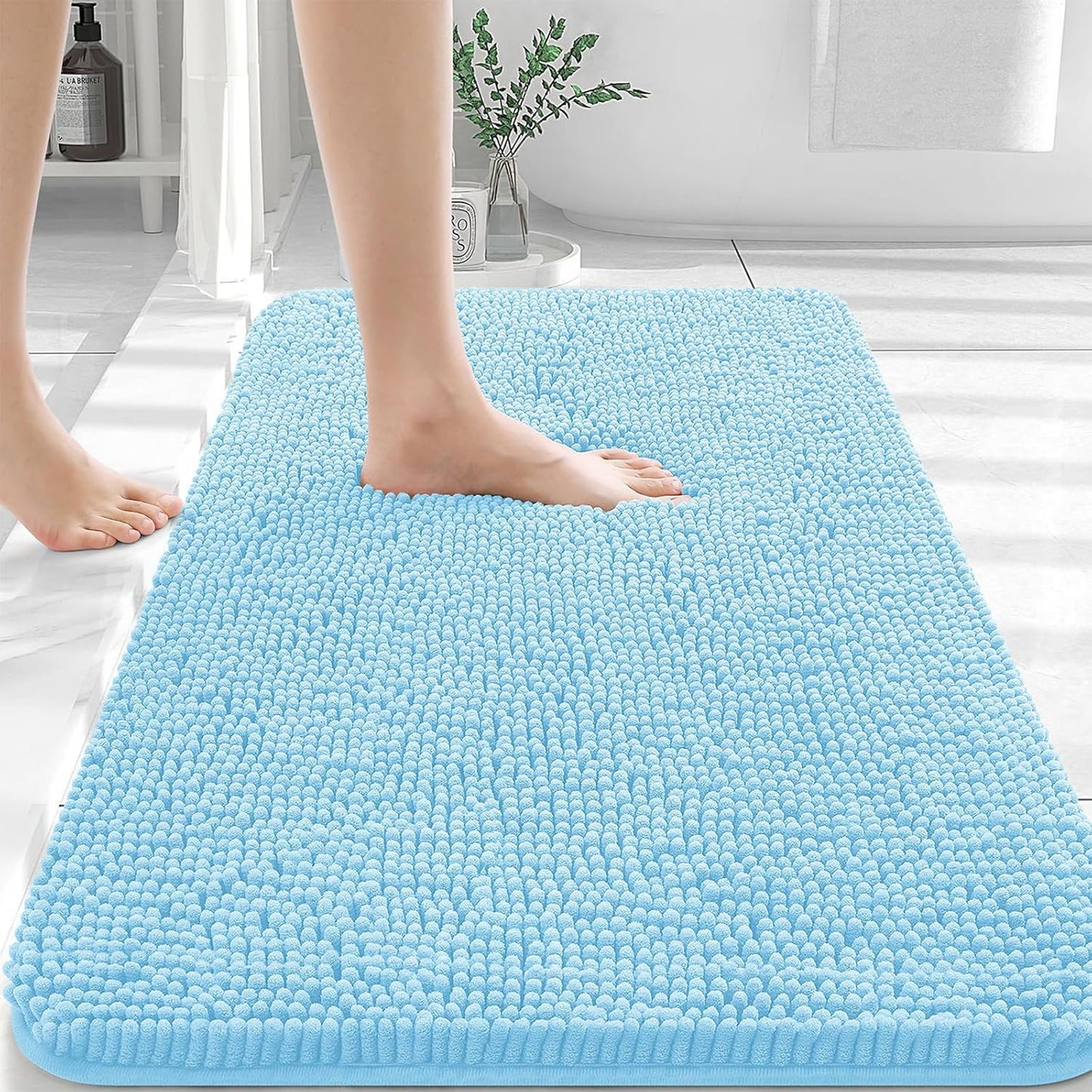 OLANLY Bathroom Rugs 36x24, Extra Soft Absorbent Chenille Bath Rugs, Rubber Backing Quick Dry, Machine Washable Bath Mats for Bathroom Floor, Tub and Shower, Home Decor Accessories, Sky Blue