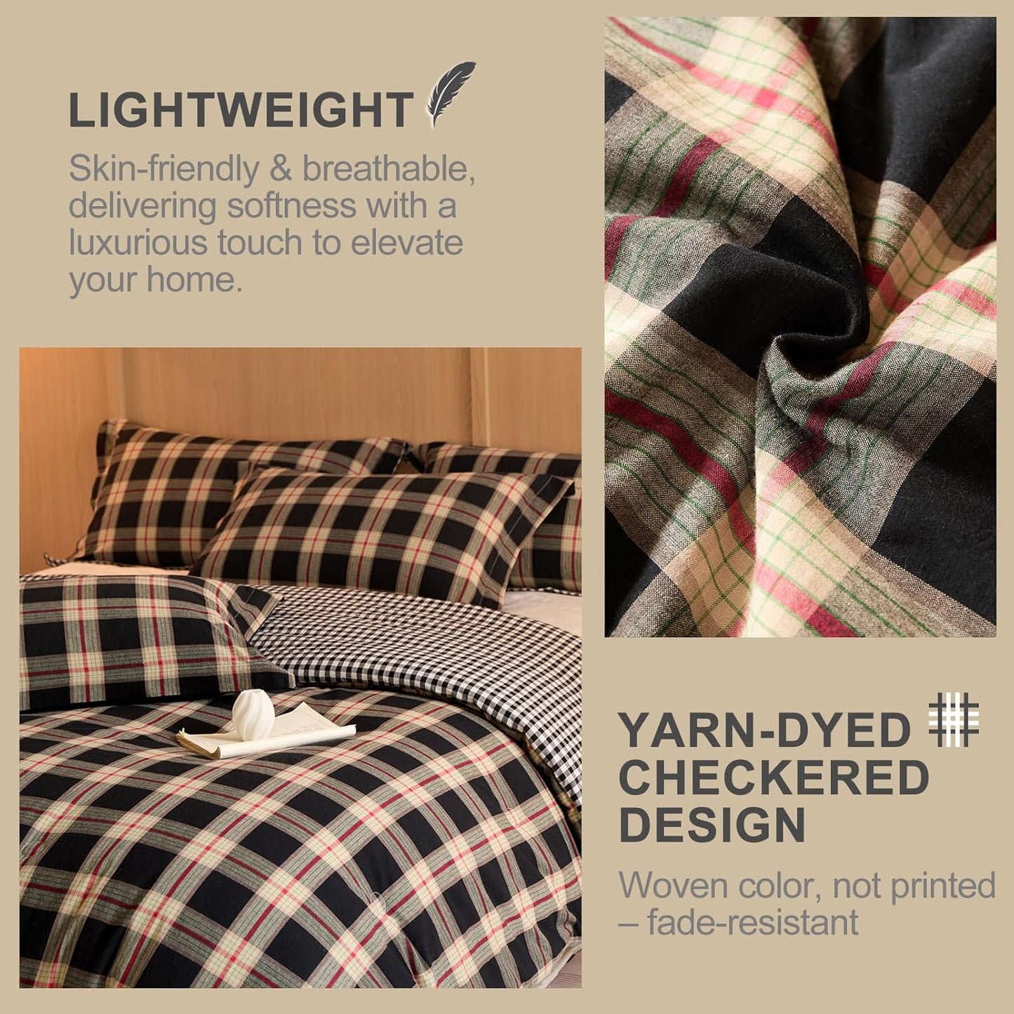 100% Cotton Comforter Set Full Size – Reversible Yarn-Dyed Checkered Design, Soft Washed Cotton on Both Sides, Lightweight All-Season Bedding, Machine Washable(Black Red Plaid, 80”x90”)