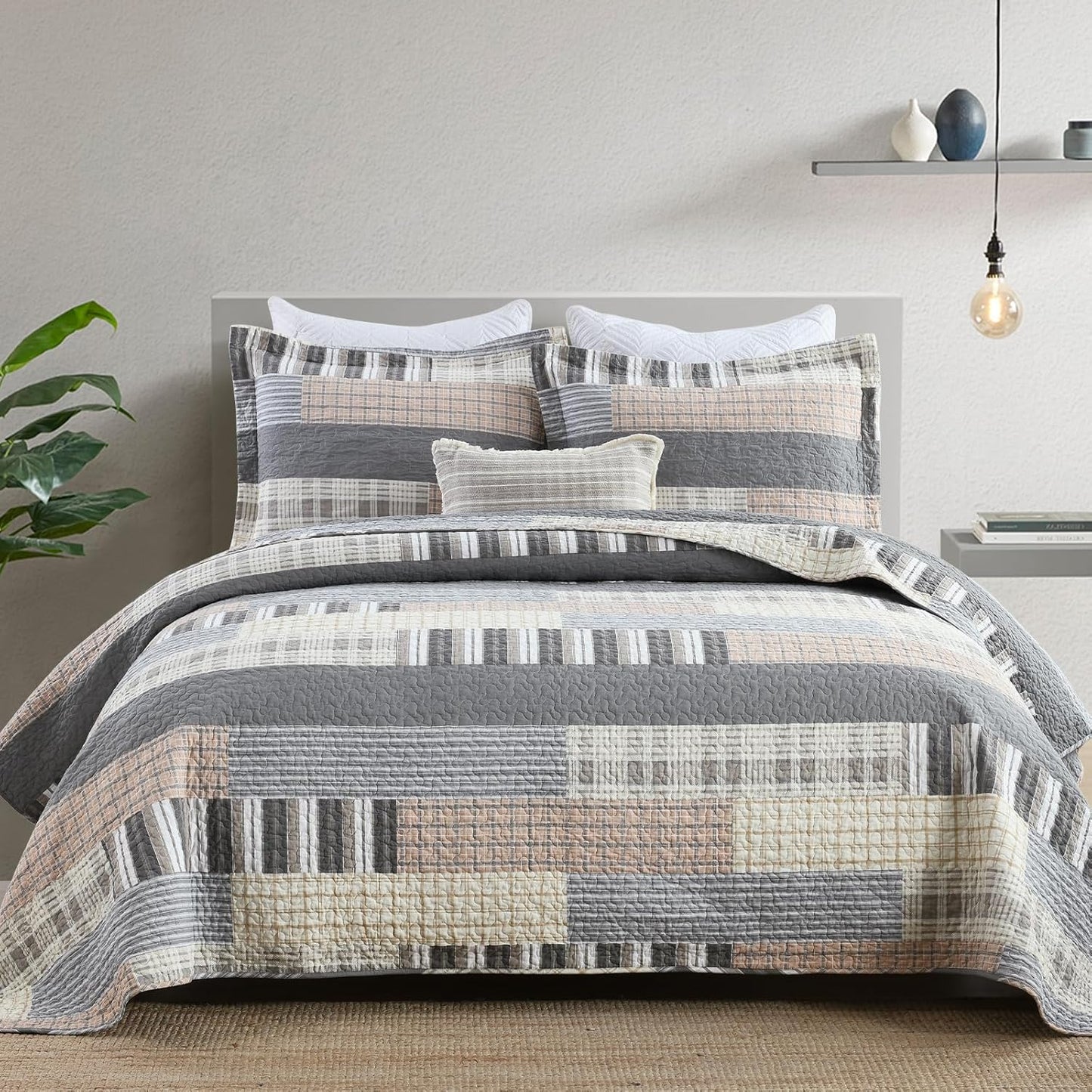 Farmhouse Queen Quilt Set - 100% Cotton Patchwork Striped Plaid Queen Size Quilt Bedspread, Grey Brown Beige Lightweight Reversible Coverlet Bedding Set with 2 Pillow Shams, All Season-98x90