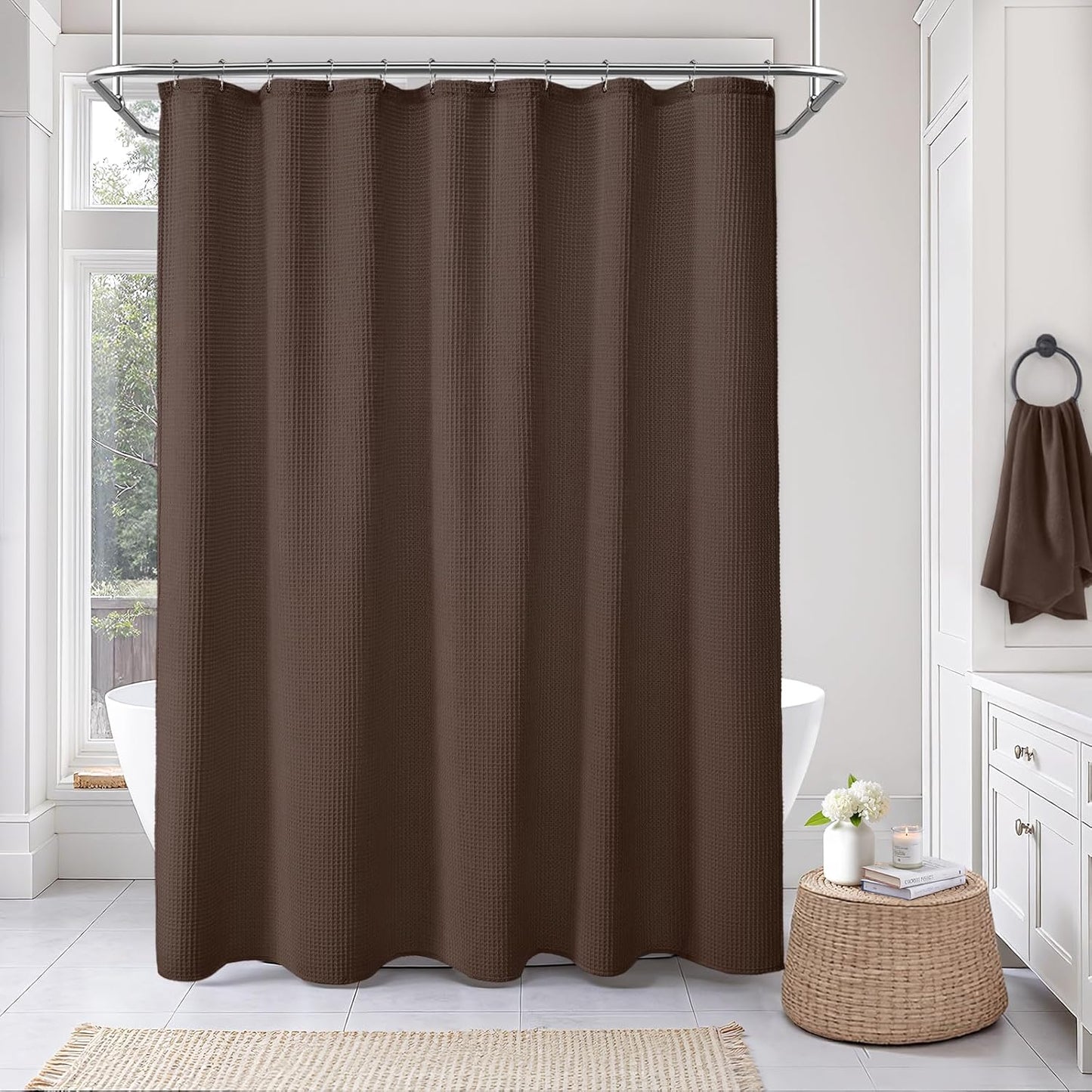 Extra Long Waffle Shower Curtain - Brown Cotton Texture Fabric Heavyweight Shower Curtain for Bathroom,72Wx84L
