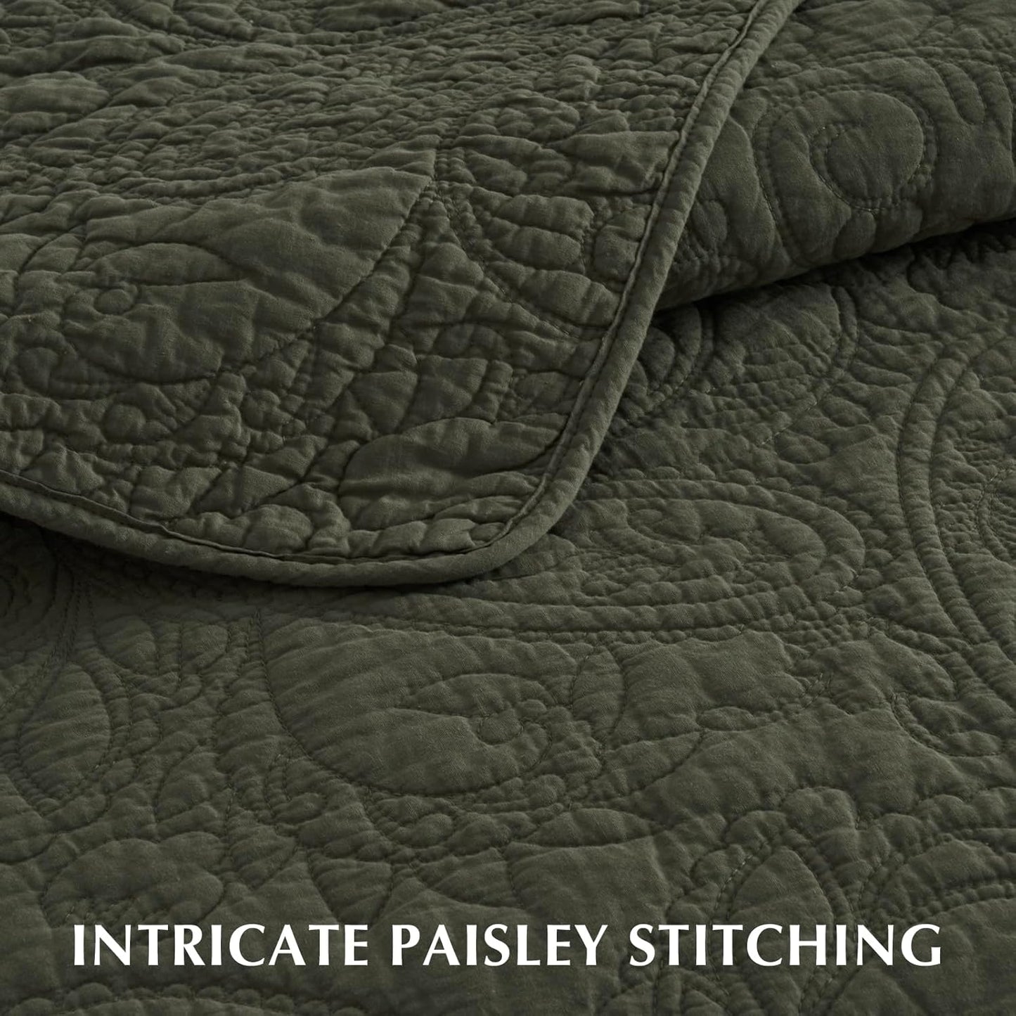 EVERGRACE 100% Cotton Paisley Quilt Set, Queen Size 3 Piece Set – Prewashed Lightweight Bedspread with 2 Shams, Soft & Breathable Coverlet for All-Season Comfort, Olive Green