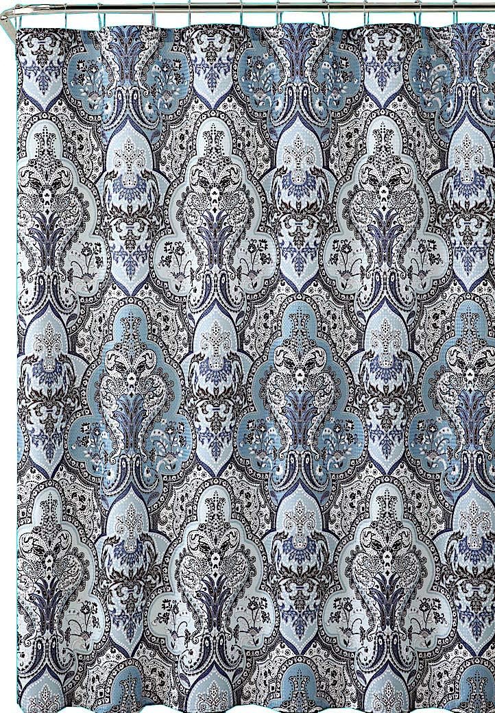 Decorative Blue & Silver Grey Gray Boho Fabric Shower Curtain, Modern Farmhouse for Vintage Rustic Bathroom Decor, Floral Victorian, 72 x 70