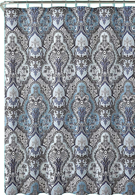 Decorative Blue & Silver Grey Gray Boho Fabric Shower Curtain, Modern Farmhouse for Vintage Rustic Bathroom Decor, Floral Victorian, 72 x 70