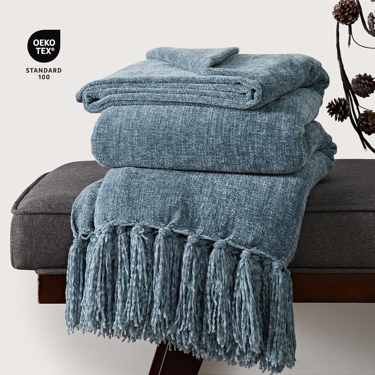 EVERGRACE Soft Chenille Throw Blanket for Couch, Cozy Plush Fuzzy Decorative Chenille Knit Throw Blanket with Tassels, Lightweight Blanket and Throws for Bed Sofa Gift Home Decor, Cloud Blue 50"x60"
