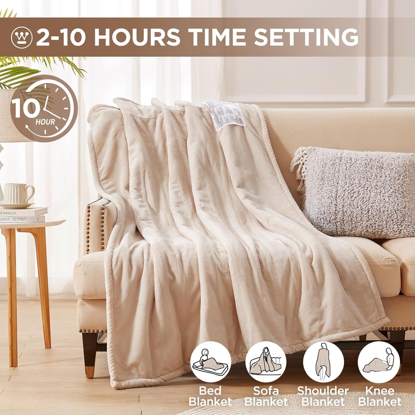 Westinghouse Heated Blanket Throw, Electric With 6 Heating Levels, 2-10 Hours Time Settings, Overheat Protection, Machine Washable, Flannel (50x60 Inches, Beige)