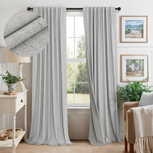 Extra Long White Gray Blackout Curtains 108 Inch Long for Living Room 2 Panel Lightweight Linen Textured Total Black Out Darkening Light Grey Drape for Sliding Glass Doors Back Tab Pocket 9ft Length