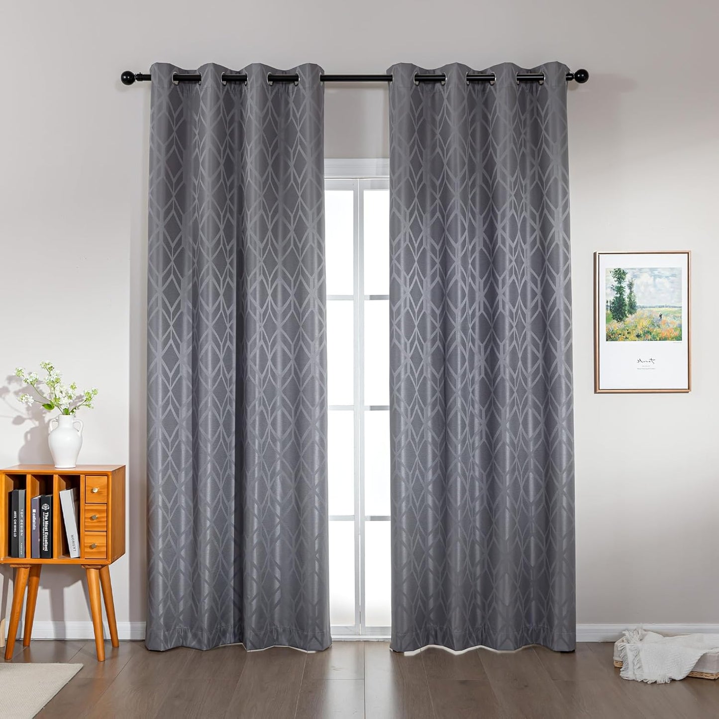 Amazon Basics Jacquard 2-Piece 100% Blackout Curtains, Living Room and Bedroom Drapes, Thermal Insulated Window Treatment, 42"x95", Grey
