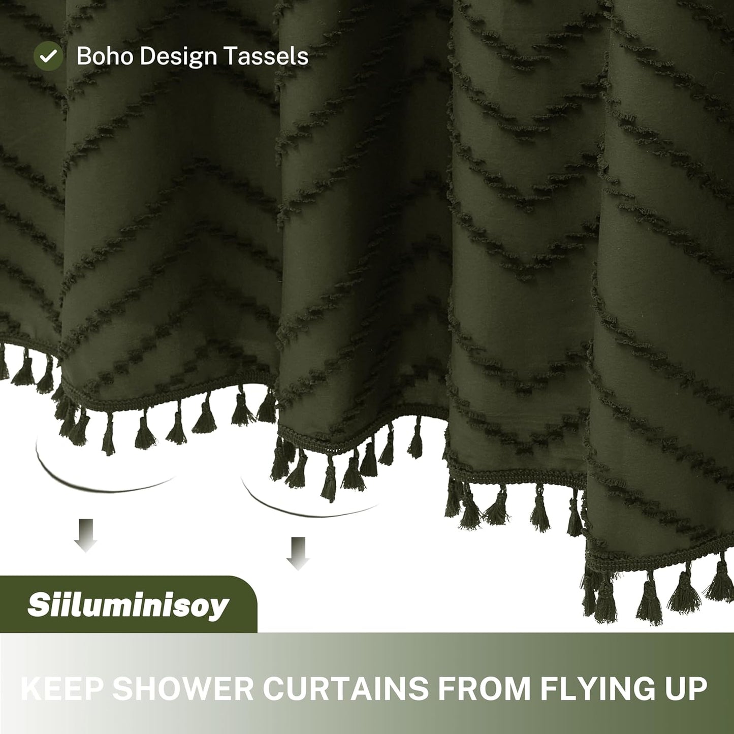 Extra Long Olive Green Boho Shower Curtain with Tassel, Woven Fabric 90 in Shower Curtain, Tufted Chevron Striped, 72 x 90, Modern Chic Textured Minimalist Bathroom Shower