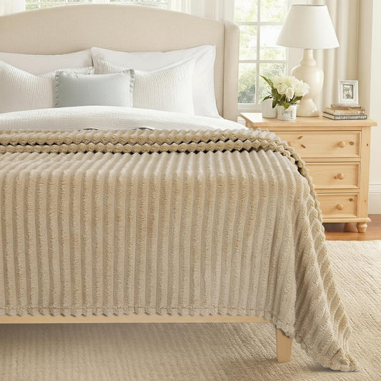 decorUhome Christmas Soft Fleece Light Brown Blanket King Size for Bed, Cozy Fluffy Plush Flannel Large Striped Throws for Couch Sofa, Lightweight Decorative Fuzzy Blanket for Woman, 108x90 Inches