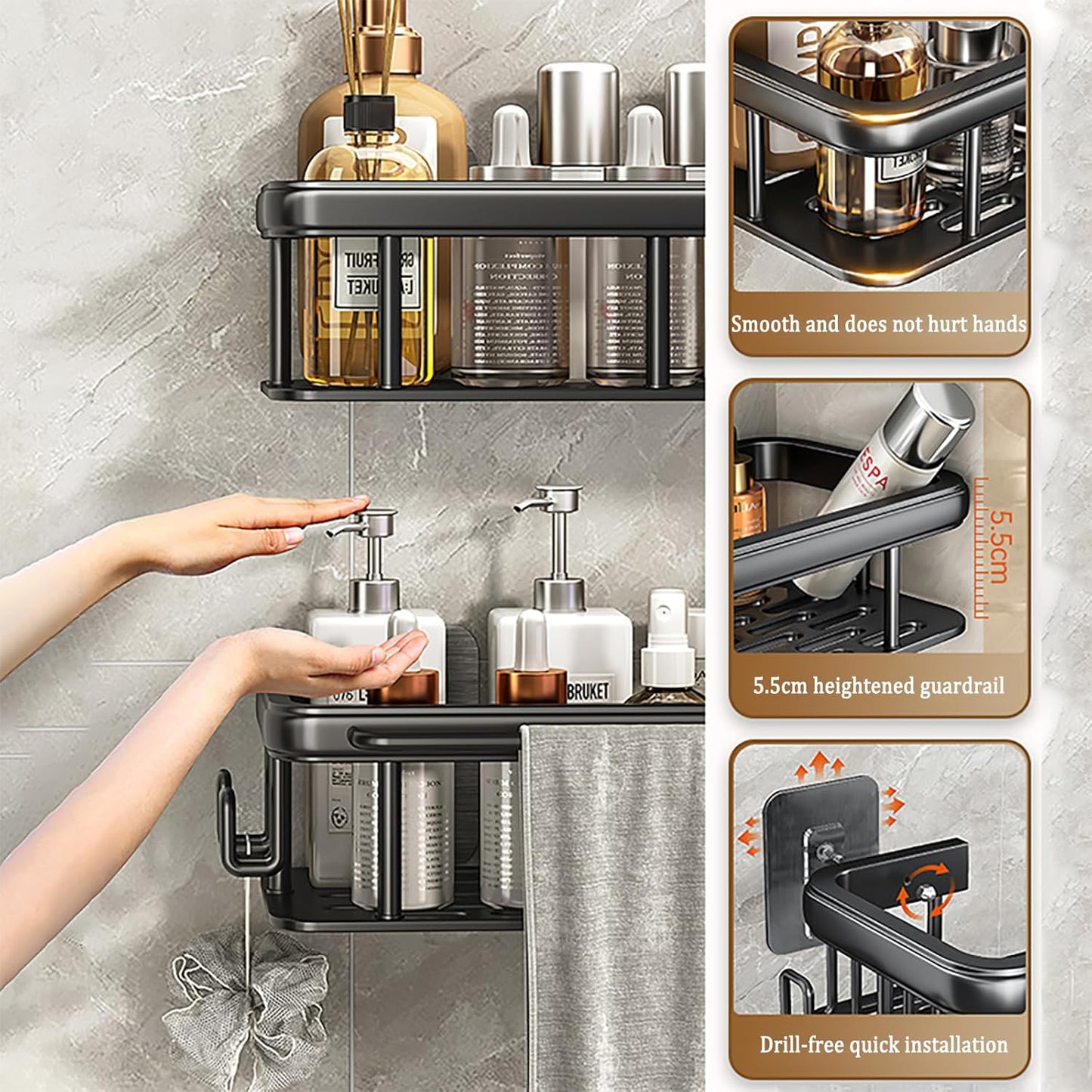 EVALAND Aluminum Shower Caddy, Adhesive Shower Shelves, 2-Pack with Hooks and Rod for Towels, No Drill Wall Mount Rustproof Premium Organizer for Bathroom, Kitchen, Black