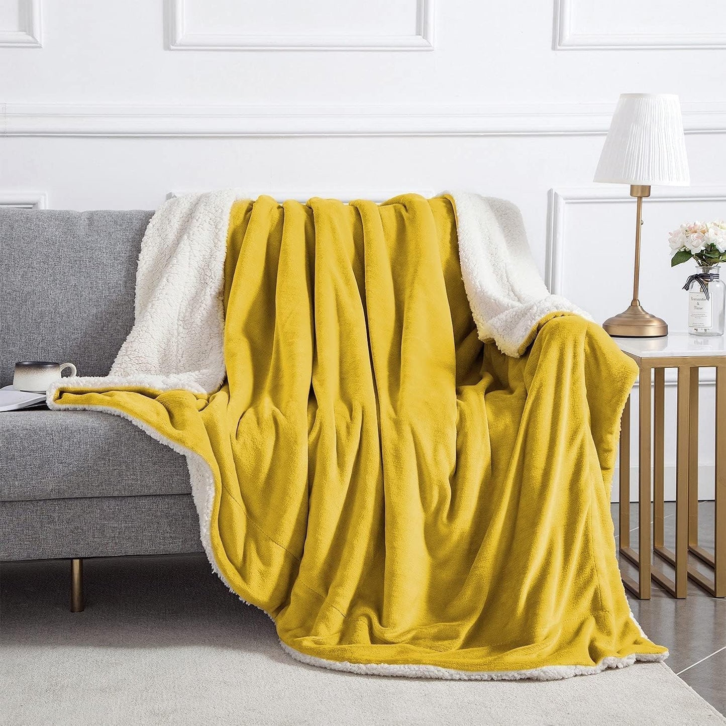 IR Imperial Rooms Gold Sherpa Fleece Throw Blanket for Bed - Wholesale Bulk Pack of 16 Sherpa Blankets - Soft Fluffy Throw Blankets for Hotels, Guest Bedroom (Yellow, 50x60 Inches)