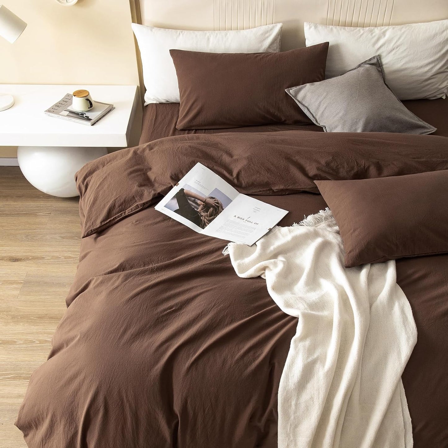 JIYUAN 100% Washed Cotton Duvet Cover Set 3 PCS Oversized King Plus, 1 Duvet Cover 128"x120"(Comforter Not Included) and 2 Pillowcases,Linen Feel Bedding Set Comfy and Breathable,Chocolate Brown