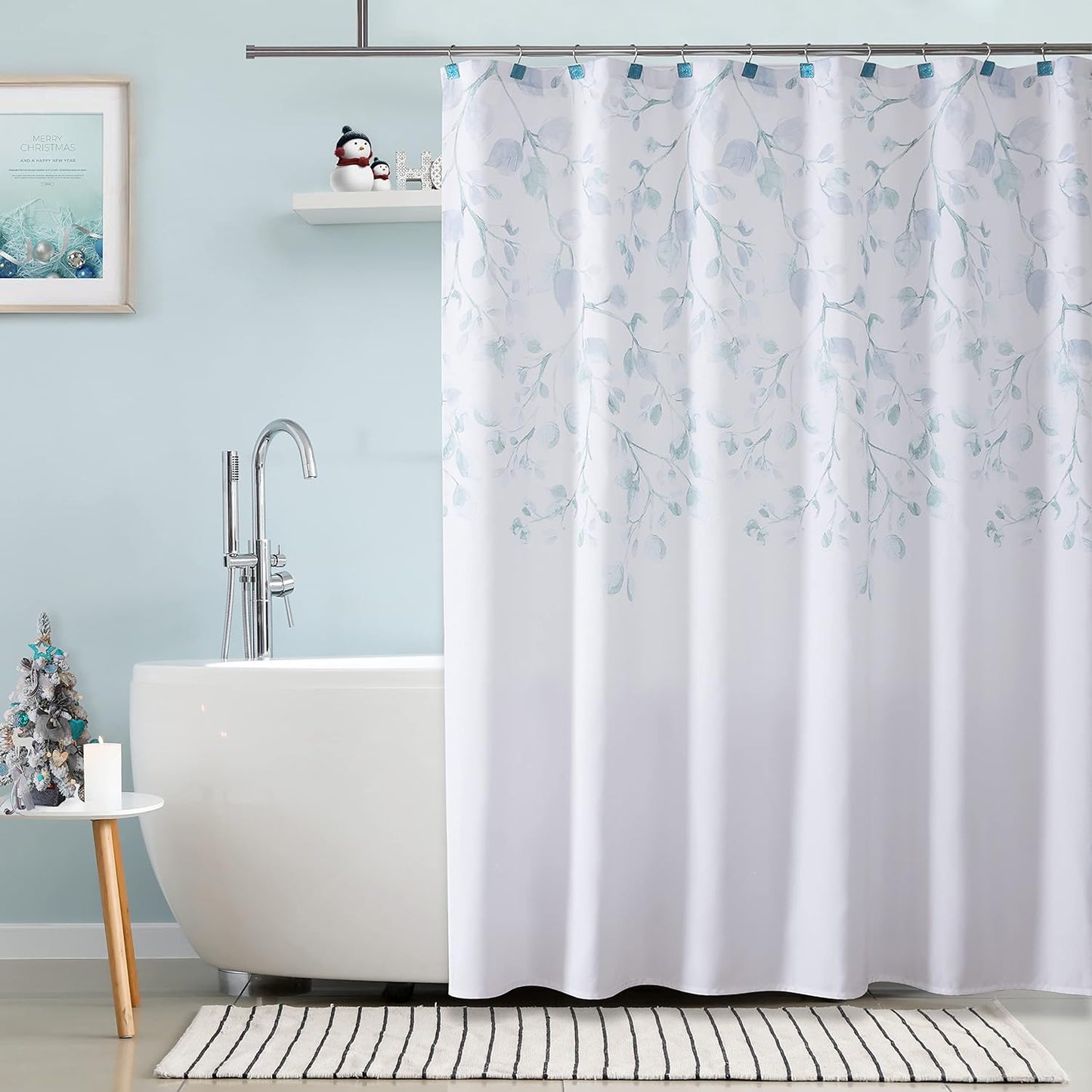Central Park Teal Blue Leaf Shower Curtain Water Resistant Decorative Sweeping Floral Print Canvas Bathroom Spa Hotel Shower Curtain with Buttonholes (White, 70"x72")