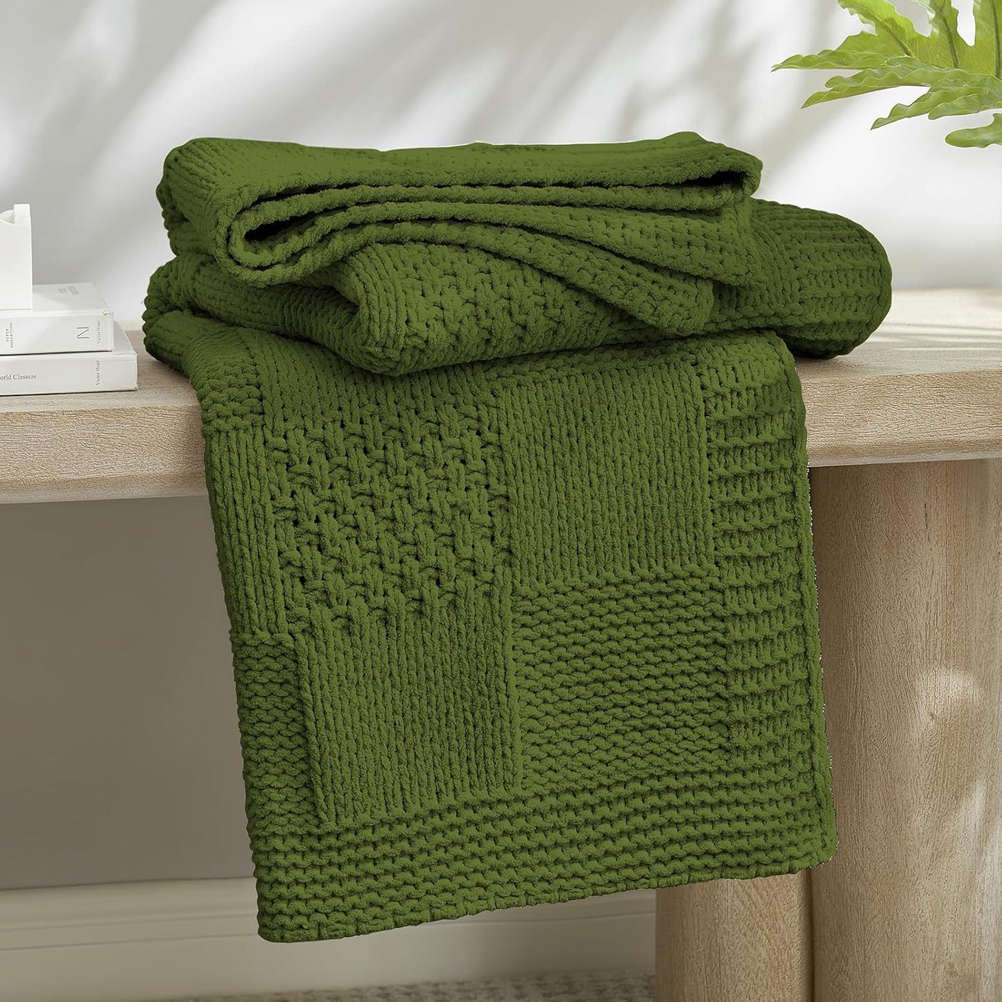 Amélie Home Checkered Chenille Knit Throw Blanket for Couch, Classic Texture Decorative Soft Blanket for Sofa, Chair & Bedroom, 50"x60", Olive Green