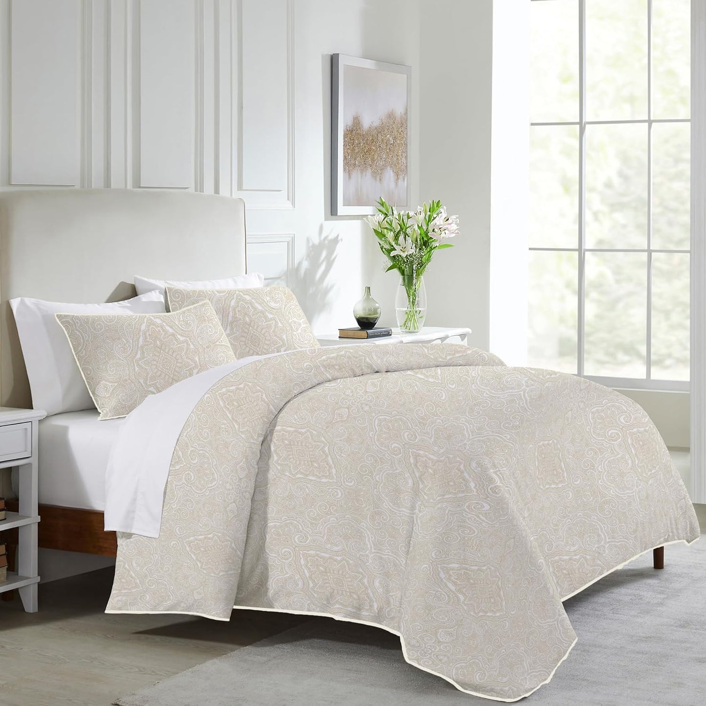 California Design Den 3 Piece King Size Duvet Cover Set, 400 Thread Count 100% Cotton Sateen, Soft Luxury Sateen Comforter Cover and Two Pillow Shams, Button Closure and Corner Ties (Paisley Beige)