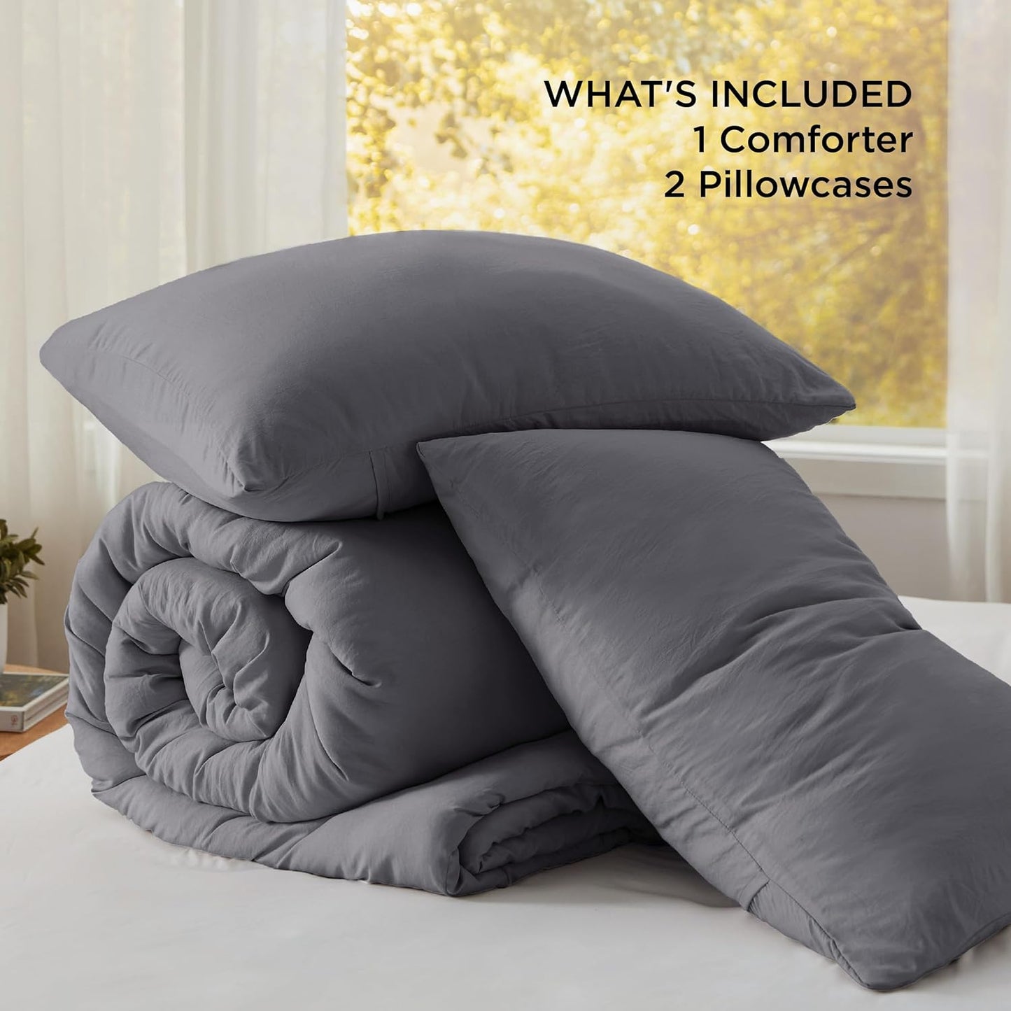 Bedsure Queen Size Comforter Set, Dark Grey Soft Prewashed Bedding for All Seasons, 3 Pieces GentleSoft™ Warm Down Alternative Bed Set, 1 Lightweight Comforter (90"x90") and 2 Pillowcases (20"x26")