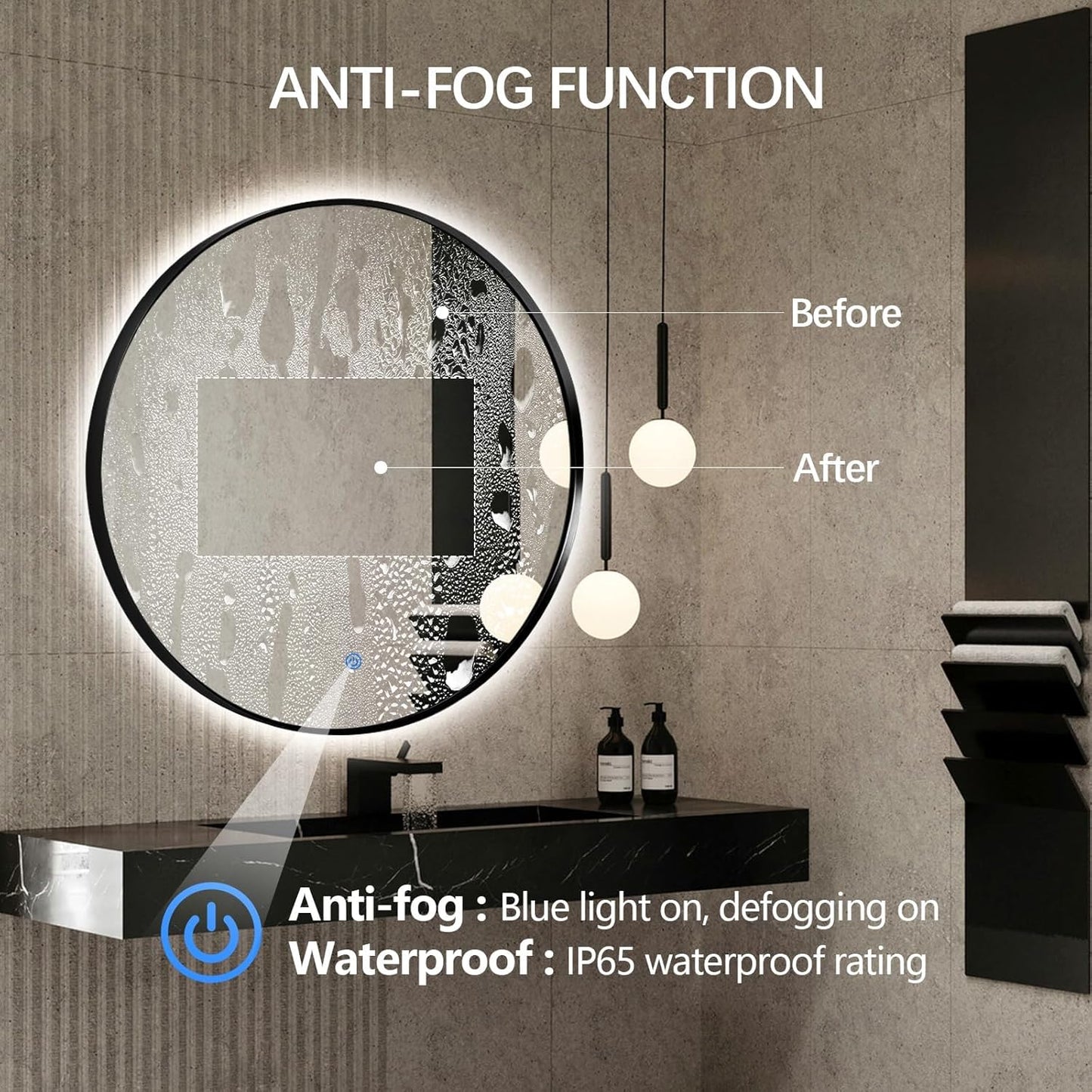 Niccy 44" LED Backlit Round Mirror for Bathroom, Black Framed Vanity Light Wall Mirror LED Smart Circle Mirrors with 3 Lighting Colors, Dimmable Lighted Mirror with Anti-Fog, IP65 Waterproof