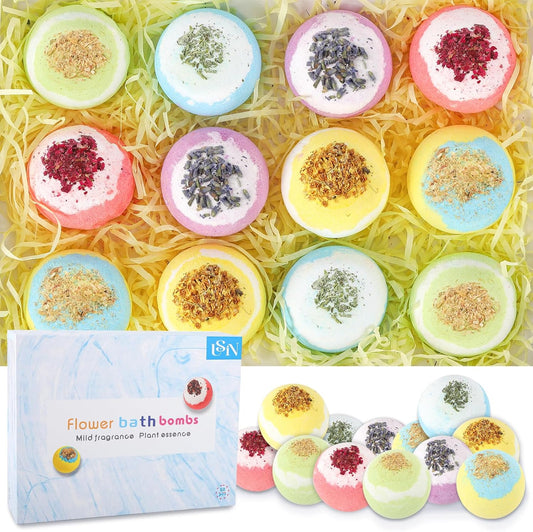 Bath Bombs for Women, USIN Natural Bubble Bath Balls Gift Set, Pack of 12 Pcs Multiple Bath Bomb, SPA Relaxing, Self Care, Gifts for Women, Men, Girls, Boys, Natural Flower Petals, 3.53 Oz Large Size