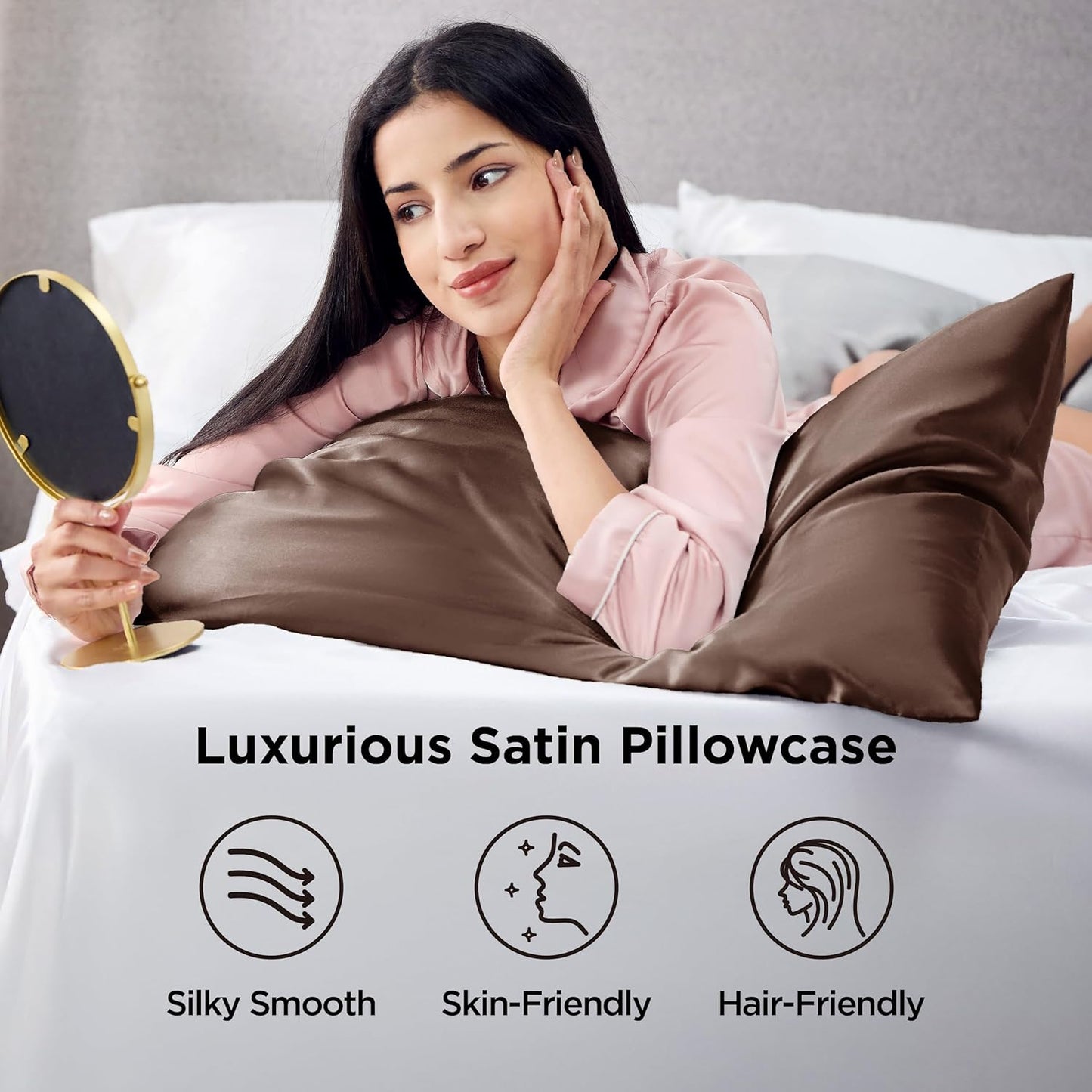 Bedsure Satin Pillowcases, Similar to Silk Pillow Cases Queen Size Set of 2, Pillow Case for Sleeping Women with Envelope Closure, Gifts for Women Men, Brown, 20x30 Inches, 2pcs