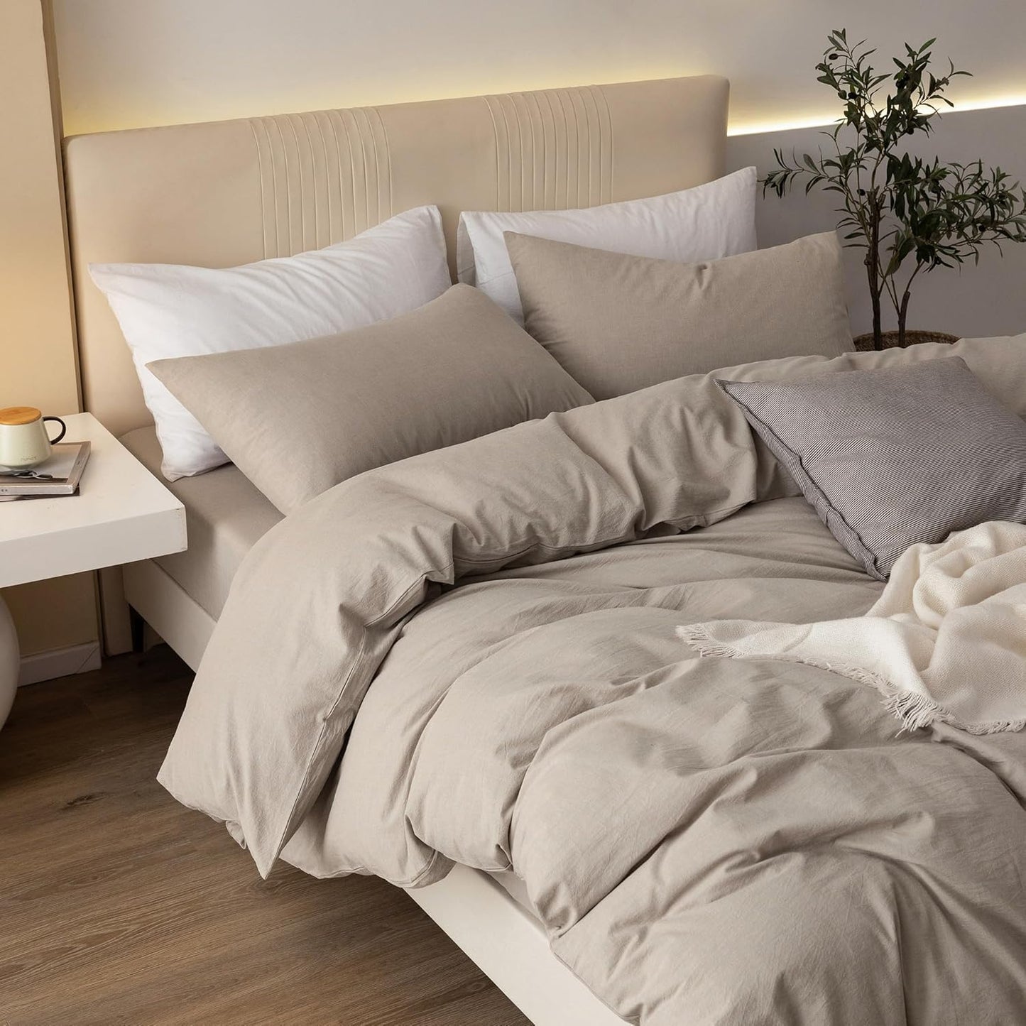 JIYUAN 100% Washed Cotton Duvet Cover Set Oversized King, 1 Duvet Cover 120"x98" (Comforter Not Included) and 2 Pillowcases,Linen Feel Bedding Set Comfy and Breathable, Heathered Tannish Linen Grey