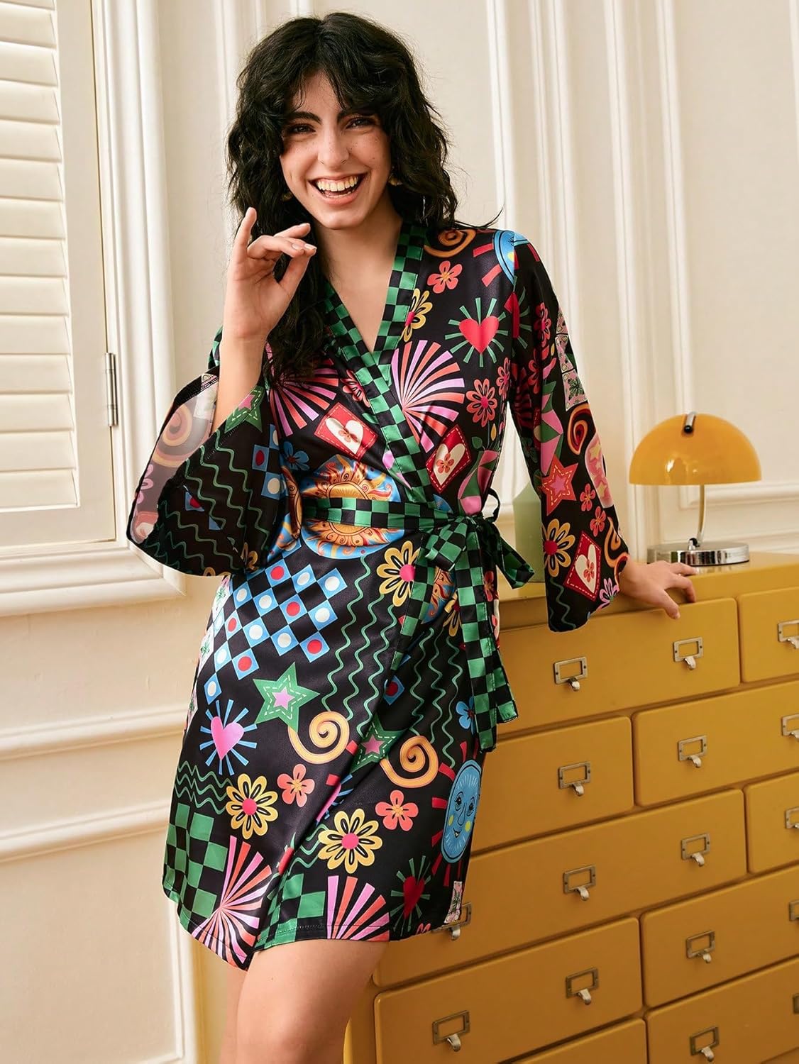 WDIRARA Women's Checkered Graphic Satin Kimono Robe Long Bell Sleeve V Neck Belted Bathrobe Sleepwear