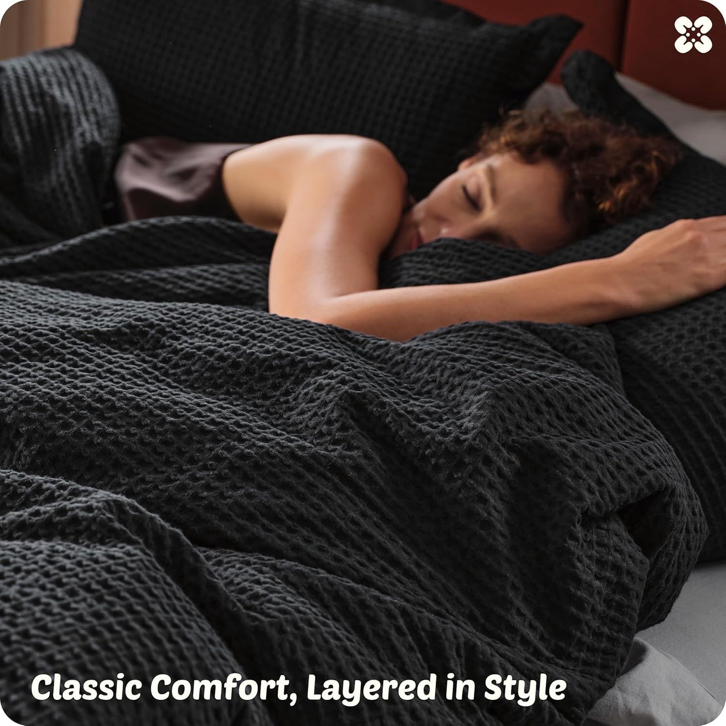 Bedsure Cotton Duvet Cover Queen Size - 100% Cotton Waffle Weave Black Duvet Cover Queen Size, GentleSoft™ and Breathable Bedding Set for All Season, 3 Pieces, 90"x90"